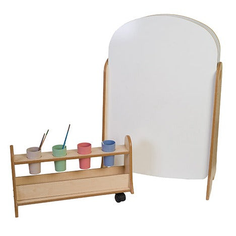 Tall Easel and Storage Trolley, A tall easel with wide base for stability, featuring reversible chalkboard and blackboard sides. The Tall Easel and Storage Trolley includes a pull out storage unit fitted with two locking castors and hand holes for easy maneuvering. Encourages independent play and creativity. 15mm Covered MDF – ISO 22196 certified antibacterial. Stow away storage trolley is fitted with 2 locking castors. Reversible blackboard and drywipe panels to encourage creativity. Supplied in flat pack 