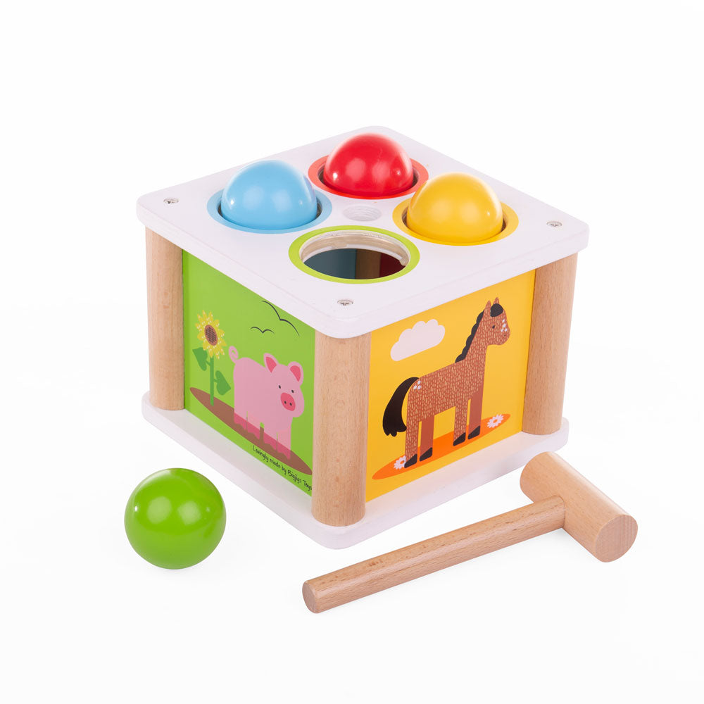Tap Tap Ball, Tap Tap Ball is a fun wooden toy designed to engage children’s dexterity and hand-eye coordination as they tap the balls into the holes. Develop colour recognition by challenging little ones to put the balls in the correct coloured holes before using the wooden hammer to tap-tap them through! Little ones will love watching the balls fall through the wooden holes again and again. The Tap Tap Ball is made from high quality, responsibly sourced materials and coated in non-toxic paints and lacquer
