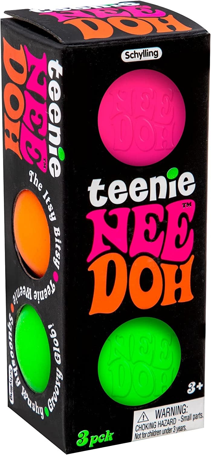 Teenie NeeDoh, Squeeze away the stresses of the day with Schylling’s Teenie NeeDoh stress ball for kids. The Teenie NeeDoh is a micro version of Classic NeeDoh, it easily fits inside the palms of little hands. Available in orange, blue, green, purple, pink & red - colours vary and are chosen at random. Teenie NeeDoh is a great fidget toy, appropriate for those with ADD, ADHD, OCD, Autism, and anxiety. It is gentle on little fingers and made from non-toxic materials. Teenie Nee Doh helps kids to focus and pa
