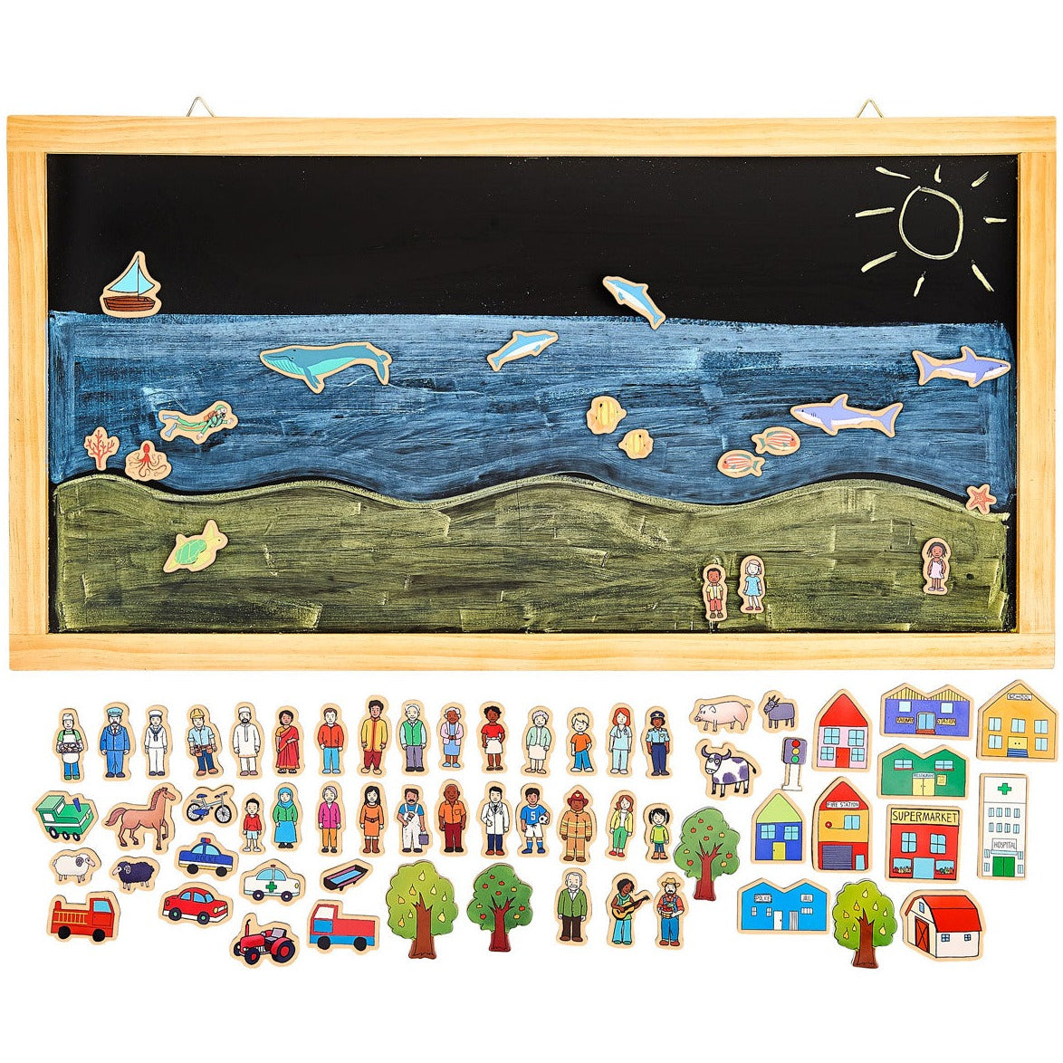 Tell a Story Magnetic Board, Introduce your child to the joys of creative play and storytelling with our ultimate storytelling board! This amazing set provides the perfect opportunity for your child to explore their imagination while also opening up conversations about different roles within our community.Featuring a generously sized hanging magnetic chalkboard as the background, this set includes 75 thick wooden magnetic pieces that feature a diverse range of people from different ages, genders, ethnic bac