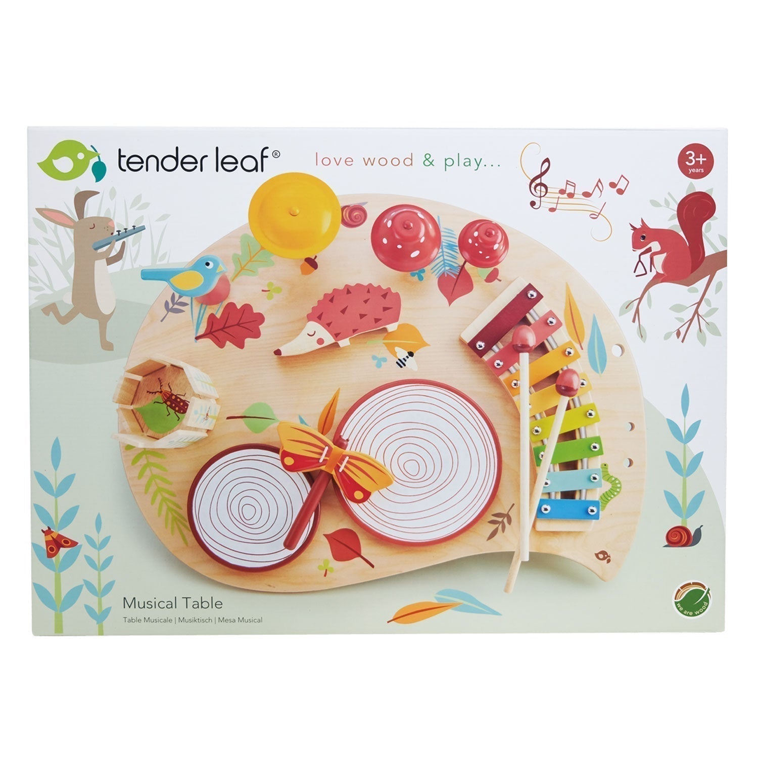 Tender Leaf Toys Musical Table, Designed and made by Tender Leaf Toys Create your own band of forest sounds! Musical notes roll off the xylophone and the mushroom bell tops jingle as you hit them with your acorn stick. Bang the tree trunk drums, blow through the birdie whistle, clack the butterfly wings, sound an echo with the wooden wind chyme. Rub the stick along the hedghog back, what a cacophony of musical notes! Made from sustainable rubberwood and coloured with soft non-toxic colours for a contemporar
