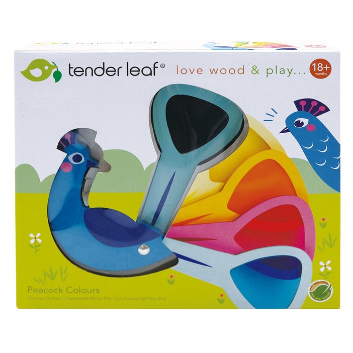 Tender Leaf Toys Peacock Colours, Designed and made by Tender Leaf Toys A beautiful painted wooden peacock with 5 tail feathers to see the world in different colours! The coloured acrylic windows can be overlaid to see how colour mixes to create new ones. Made from sustainable rubberwood and responsibly sourced plywood, coloured with soft non-toxic colours for a contemporary style. Tender Leaf Toys Peacock Colours Presented in an illustrated window box. Suitable for 18 months + Product size: L: 19.50 x W: 4