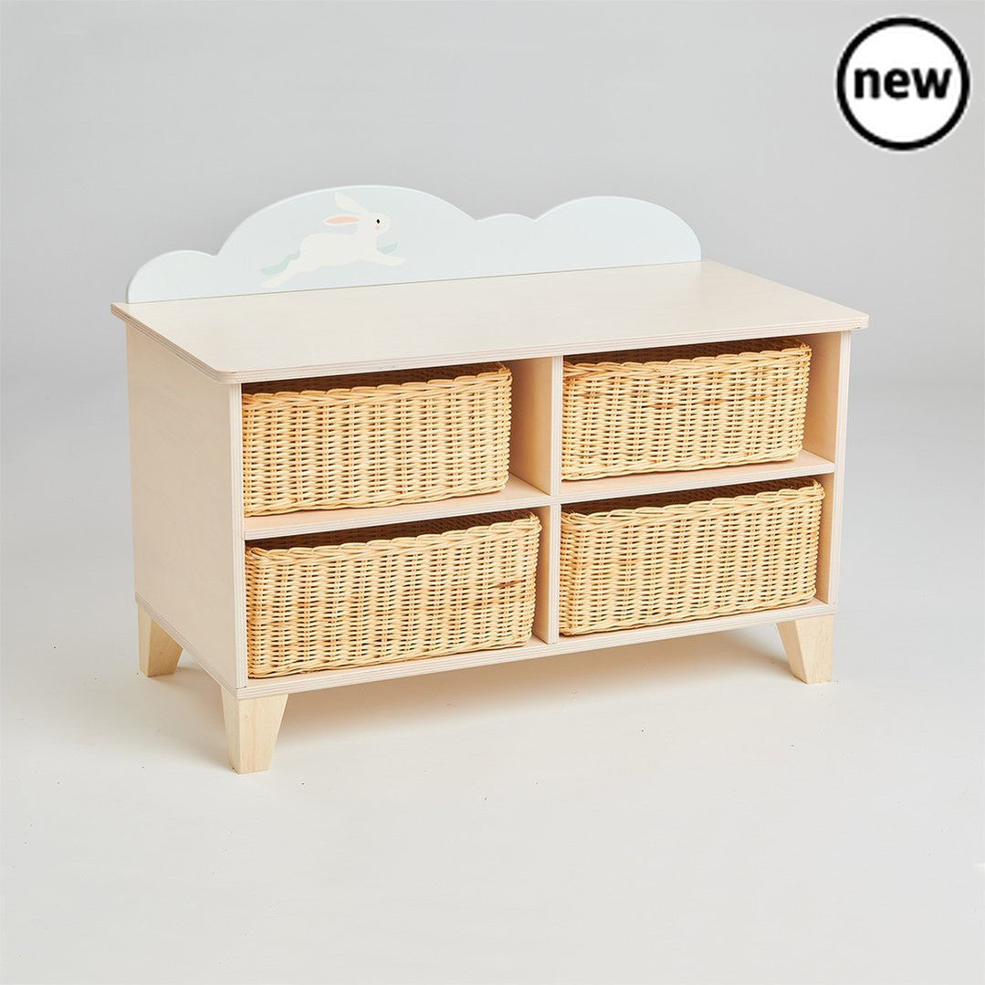 Tenderleaf Toys Bunny Storage Unit, New Tender Leaf Bunny Storage Unit. Great unit to keep all the toys nice and tidy and organised and a lovely addition to the nursery or playroomThe unit comes with 4 handmade wicker wood baskets that can be removed making it super easy to tidy away your toys. The best thing about this furniture is that it doubles up to be a handy bench for when you need a break from playing! Completely plastic-free and sustainably made with the highest quality wood, and a cloud feature ma