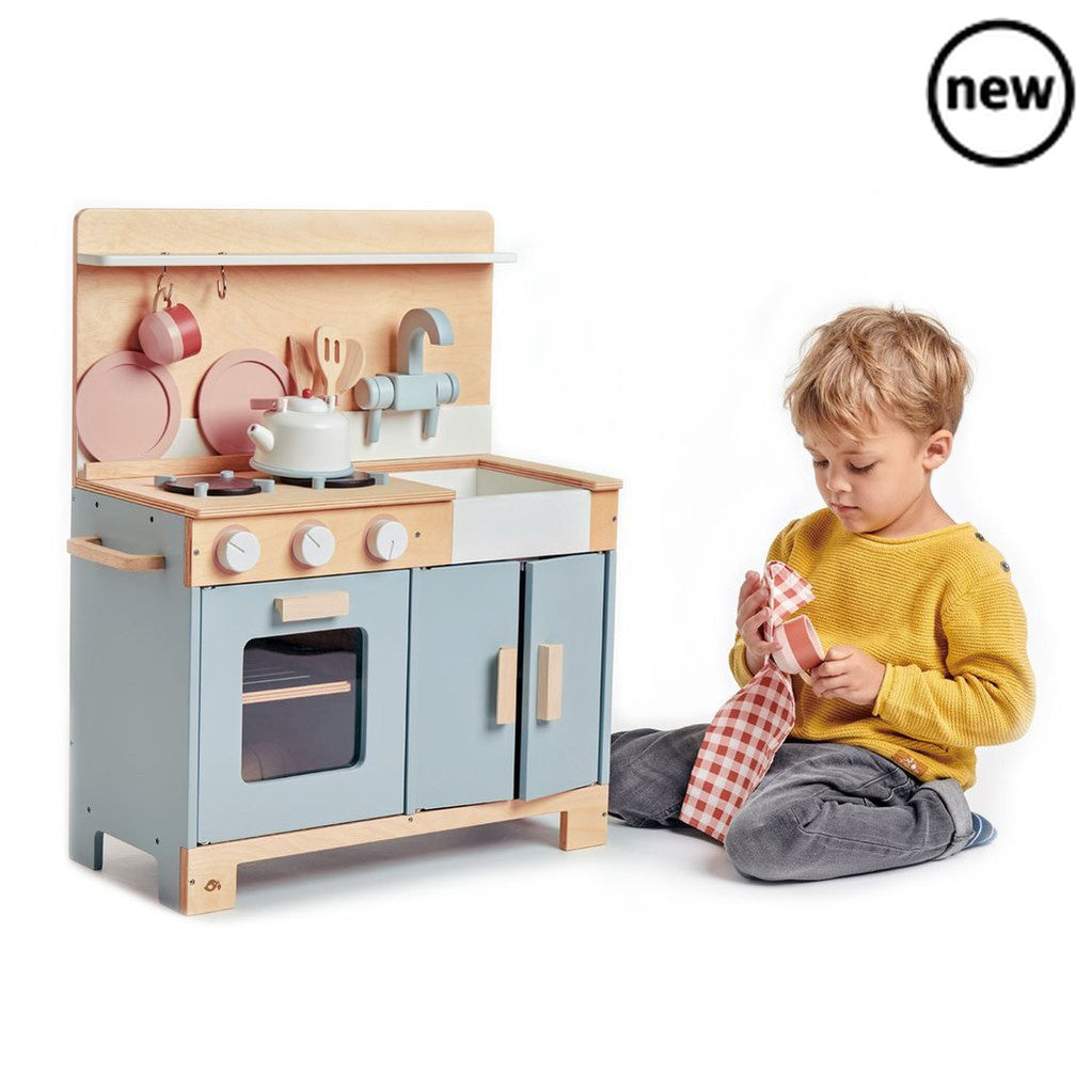Tenderleaf Toys Home Kitchen, I think with this Kitchen your little ones will love to cook every night? This Kitchen has is gender neutral, perfect for any chef. The Kitchen is finished with the most contemporary colours and would be a great addition to your lovely home. Complete with 3 cooking utensils and a hob. Pretend play is a vital part of a child's development, as children learn by imagining, observing and doing, that is why we love this kitchen so much! It is part of a wider kitchen range, and reall