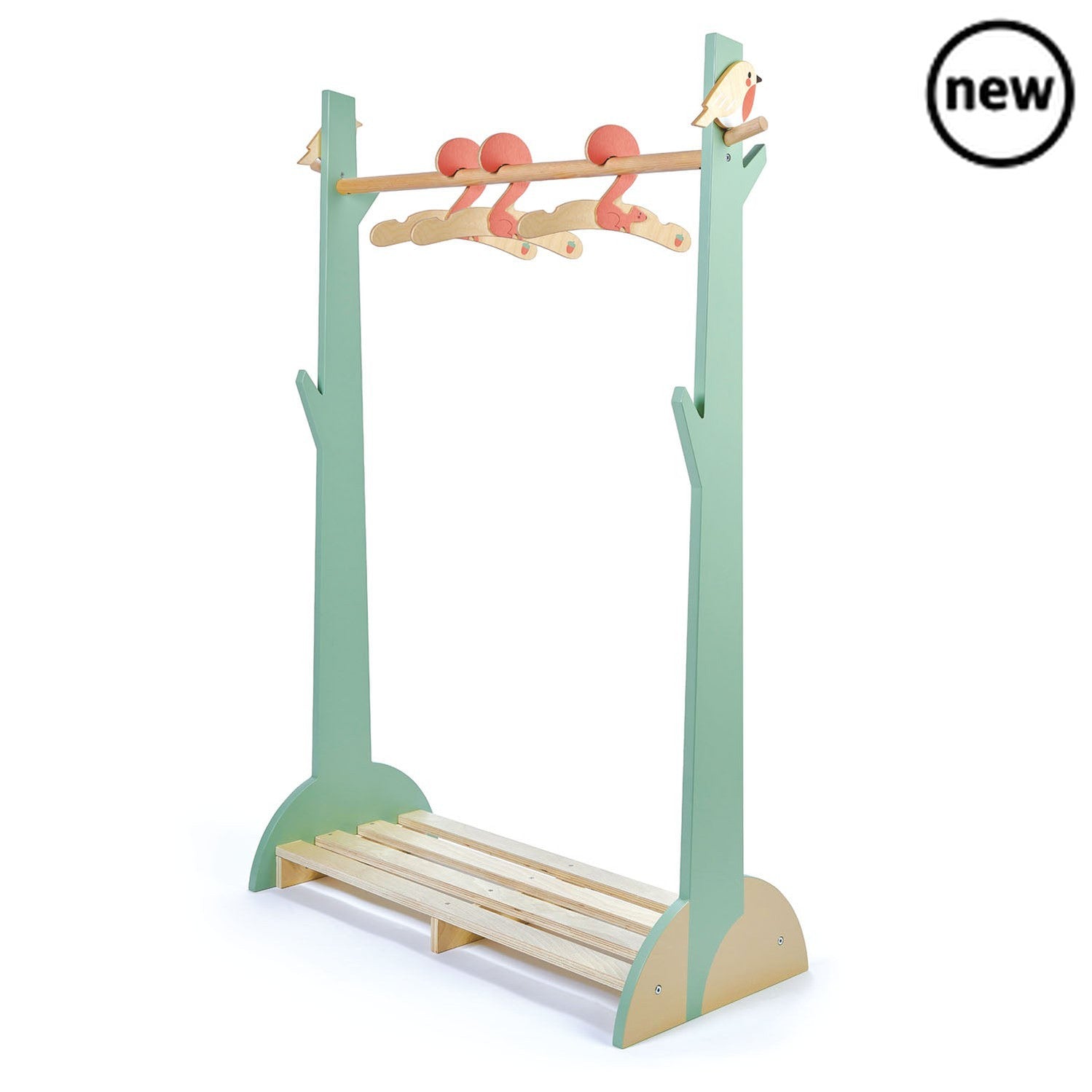 Tenderleaf Toys Wooden Forest Clothes Rail, Introducing the Tenderleaf Toys Wooden Forest Clothes Rail, a delightful addition to any child's bedroom or playroom. Designed and made with utmost care by Tenderleaf Toys, this clothes rail combines functionality with a charming woodland-inspired aesthetic.With its fresh and clean design, this clothes rail is the perfect height for little ones to independently hang up their clothes or store their shoes and bags on the base. Encourage your child to develop their o