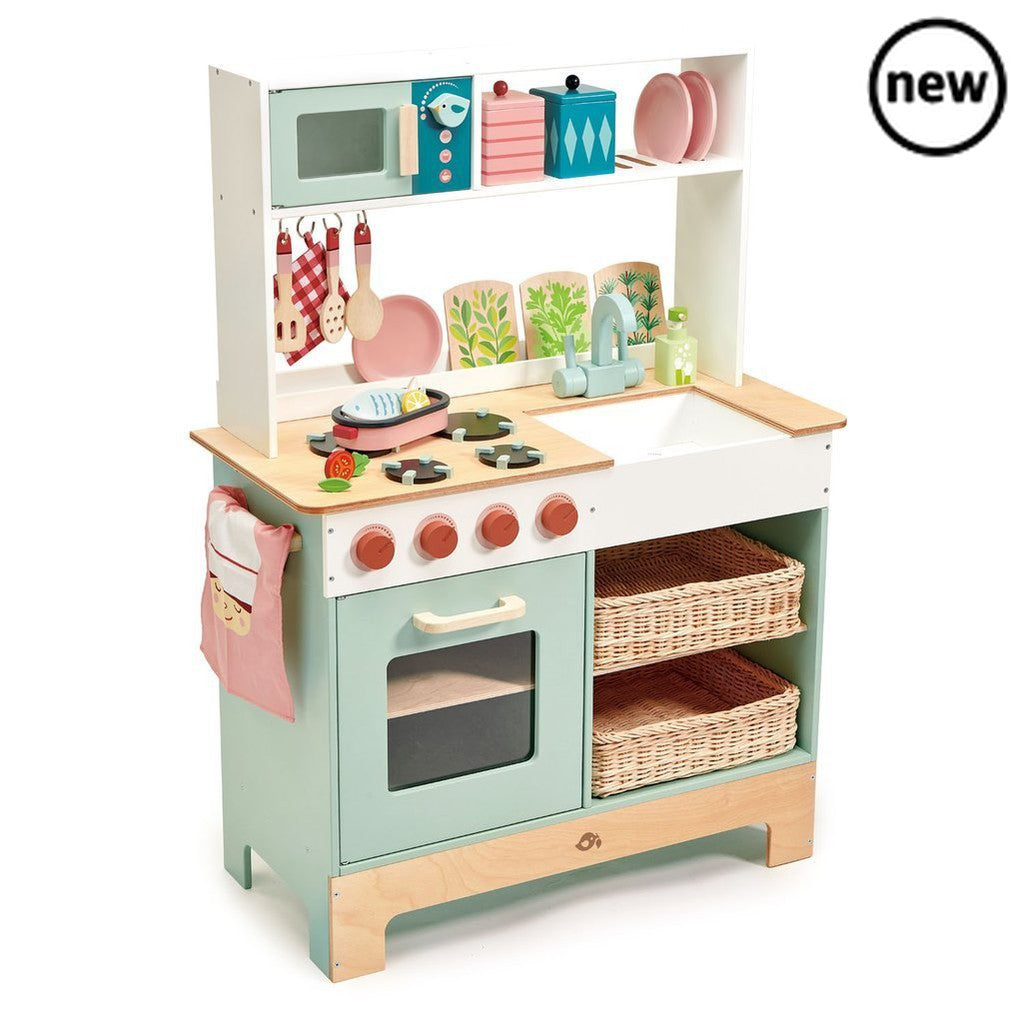 Tenderleaf Toys Wooden Kitchen Range, Wow, a Kitchen to entertain any budding Chef. This beautifully designed kitchen is the largest in the Tender Leaf range, complete with all the trimmings to provide hours of entertainment and fun. Two woven wicker basket drawers give this kitchen a really authentic and modern feel. The oven has an opening front door, a set of 4 cooker hobs and a microwave , what more could you want. Perfect for Role Play. Pretend play is an essential part of a child's development as chil