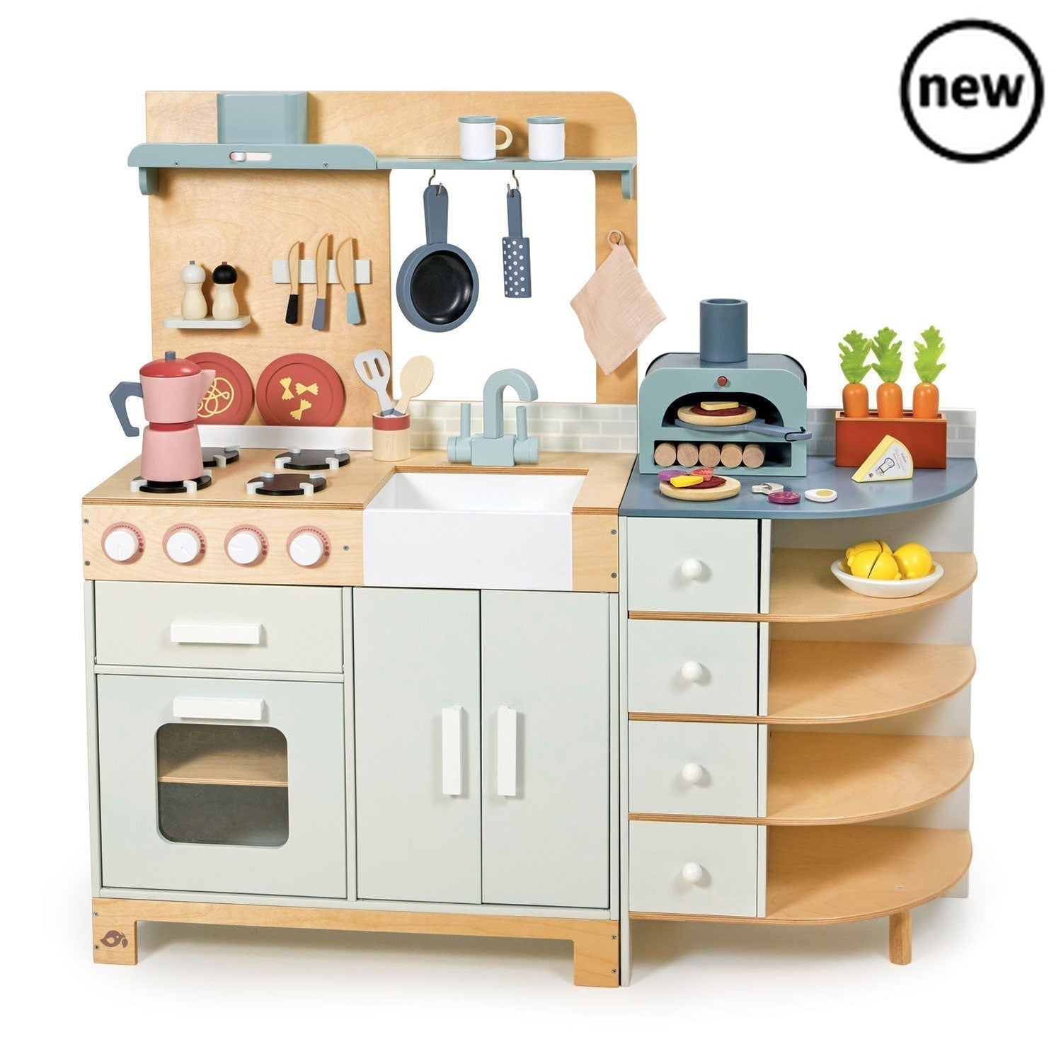 Tenderleaf Toys Wooden La Fiamma Grand Kitchen, Cook great foods in this magnificent La Fiamma Kitchen! A two-part kitchen - sink and cooker with back board, and a storage unit with pizza oven. Unit includes oven and grill with 4 clacking buttons, and double door storage unit under the sink. Features lots of accessories including: A pizza oven with 5 wooden logs Pizza plate 2 pizza bases 2 felt toppings, egg, onion, cheese, mushroom, pineapple, pepperoni, parmesan Grater Frying pan 2 wooden utensils in a po