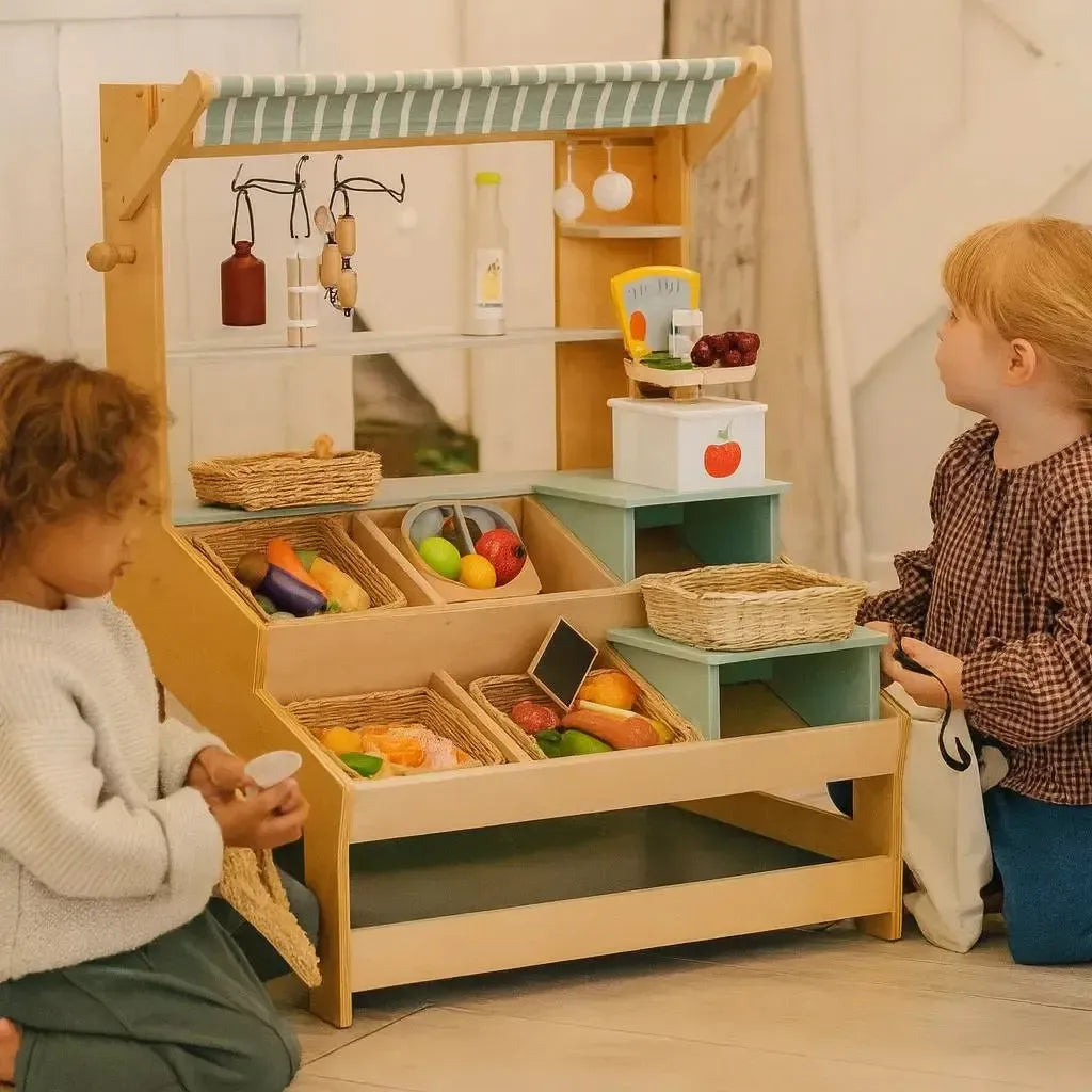 Tenderleaf Toys Wooden Market Stall with Shelves-Tenderleaf Toys Wooden Market Stall with Shelves