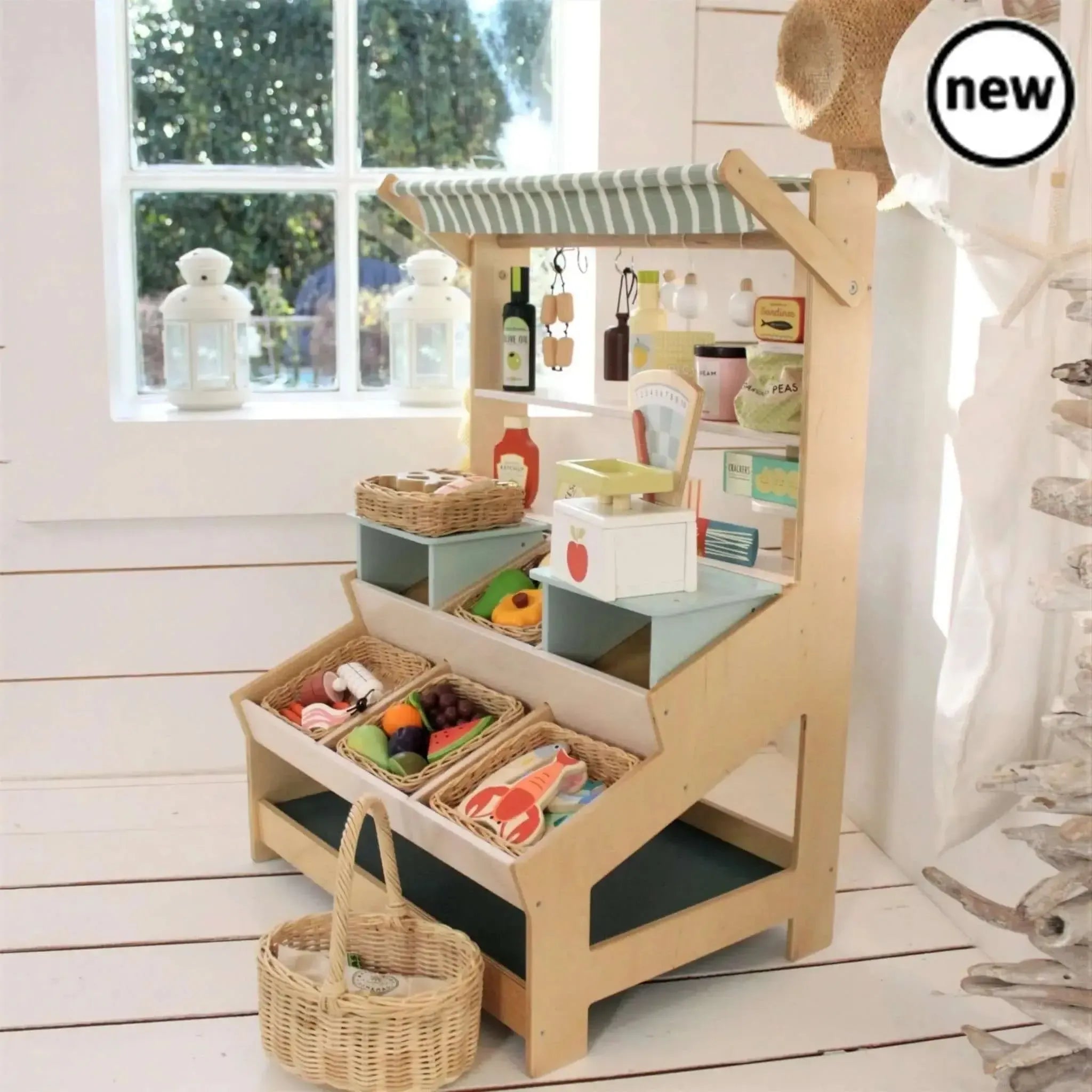 Tenderleaf Toys Wooden Market Stall with Shelves-Tenderleaf Toys Wooden Market Stall with Shelves