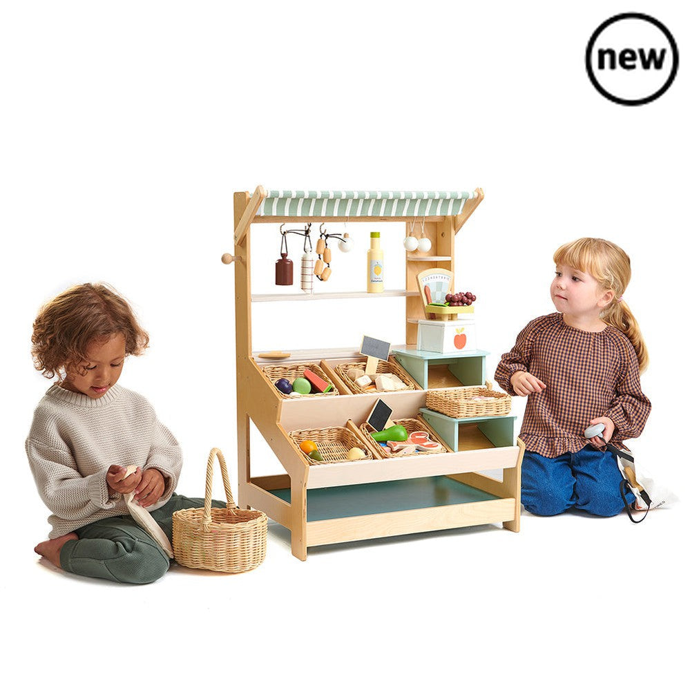 Tenderleaf Toys Wooden Market Stall with Shelves, Tender Leaf General Stores is a market stall with shelves and two inter-changeable mini platforms so that it can be adapted to any kind of store. A lovely striped canopy can be lowered to protect your fresh produce from the sun, and at night there are three cute light bulbs you can use plus metal hooks to hang your fruit and four blackboards. This set also includes a pretty printed tote bag. 0.7850x4220x056m (h x w x d), Tenderleaf Toys Wooden Market Stall w