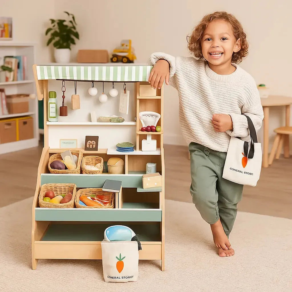 Tenderleaf Toys Wooden Market Stall with Shelves-Tenderleaf Toys Wooden Market Stall with Shelves