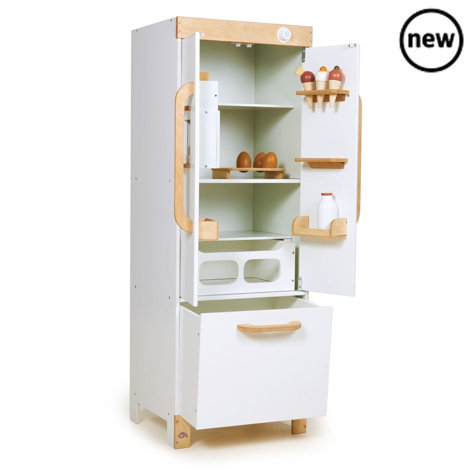 Tenderleaf Toys Wooden Refrigerator, Need somewhere to chill your ice-creams? A stand-alone white fridge-freezer makes a great addition to our La Fiamma Grand Kitchen. This stylish fridge has a real wow factor with a unique functioning ice cube dispenser which drops ice cubes with the press of a button. Comes with: 3 ice cream cornets 3 brown eggs on an egg stand a bottle of milk and two magnets! Great for role play and creative play! Product size: 1.081x0.386x0.09meters (HxWxD) Suitable for ages 3+, Tender
