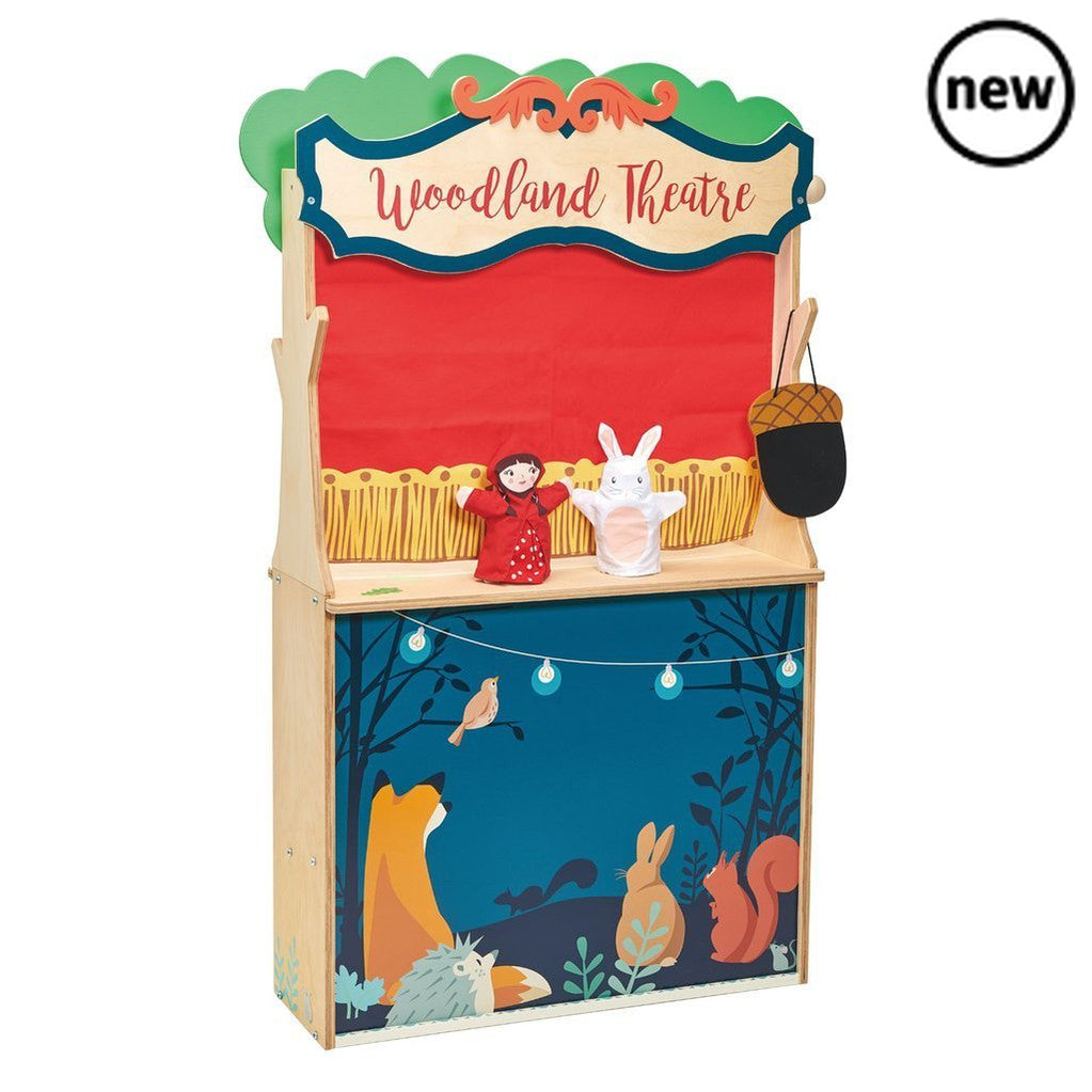 Tenderleaf Toys Wooden Woodland Store And Theatre, Wow what a fantastic Toy with not one but Two sided play feature! A beautiful Shop on one side and a Theatre on the other. Perfect for role play. The shop has ample space to hold all the Tender Leaf pretend play food and market accessories, and also included a gorgeous little red gingham tote bag which folds up into a strawberry! The doors can close at the end of play, and the double sided printed red curtain can be lowered to 'Close Shop' The illustrations