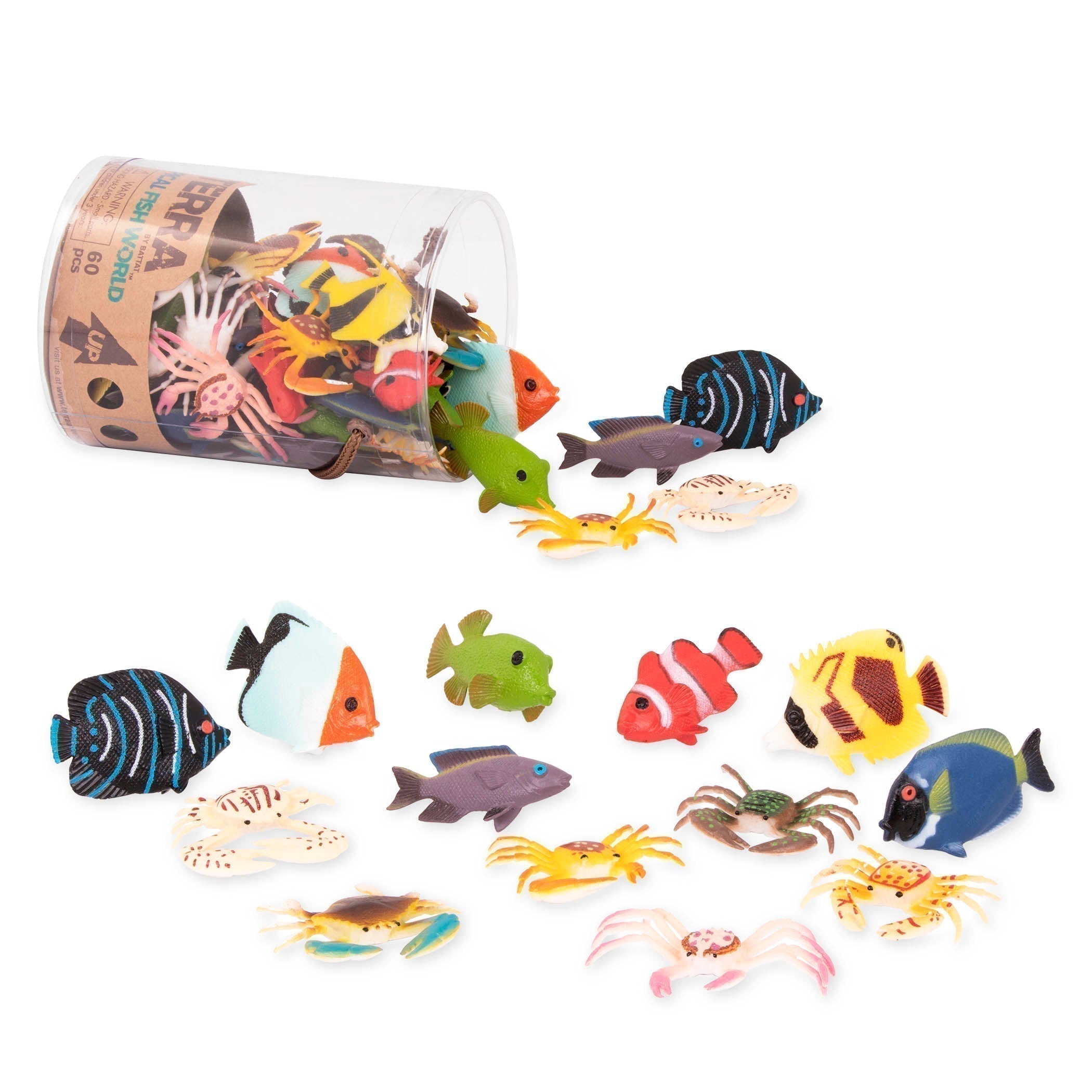 Terra Tropical Fish Tube, From the ocean depths and coral reefs of the world to your playroom it’s Terra’s Tropical Fish World in a tube! This amazing collection includes 12 different fish toys, and 60 tropical fish in total. The small ocean fish toys and sea creatures have incredibly lifelike details and realistic colors. You’ll adore the vibrant red on the little clown fish and the detailed spots on the toy crab. And, each plastic fish measures approximately 2 inches so they are perfect goodie bag stuffer