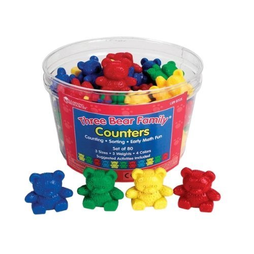 The Original Three Bear Family® Basic Four Colour Counter Set of 80, three weights, making them perfect for teaching children about size-grading, mass comparison, counting, and sorting. These colourful plastic bears are not only visually appealing but also practical for hands-on learning activities.Each bear in the set is proportionally weighted, allowing children to use them on a balance, adding an extra element of educational fun. They can explore the concept of weight and learn to compare the masses of t