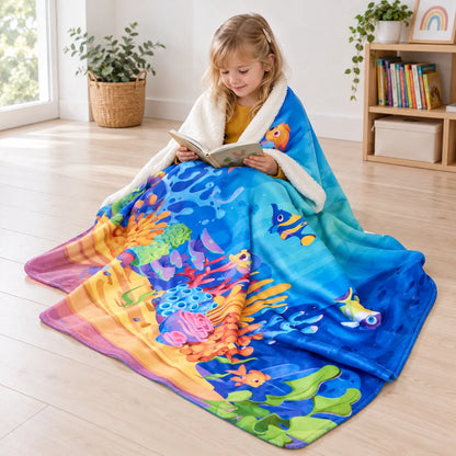 Child reading while wrapped in the Sea Life fleece throw