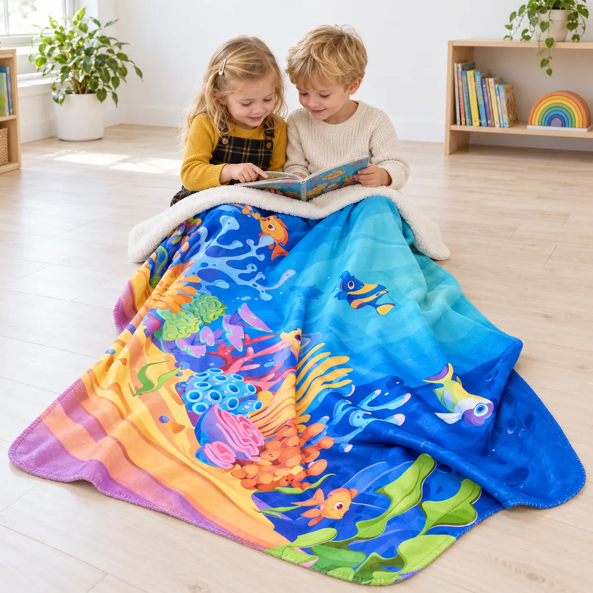 Two children sharing a book with one Sea Life fleece throw over their laps
