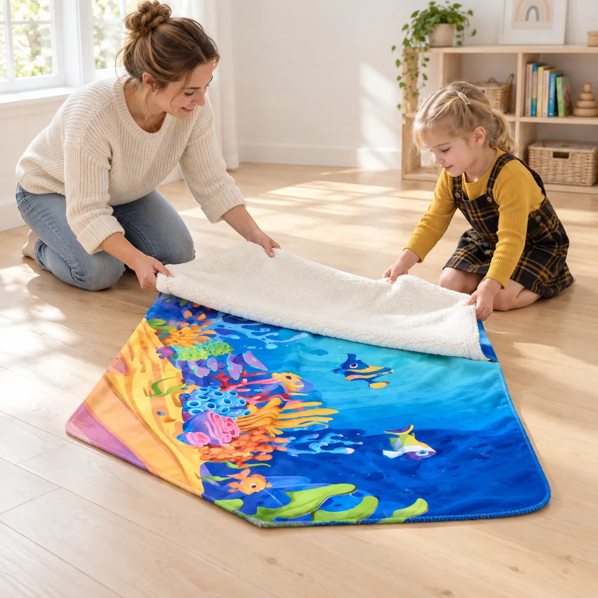 Child and practitioner folding the Sea Life fleece throw