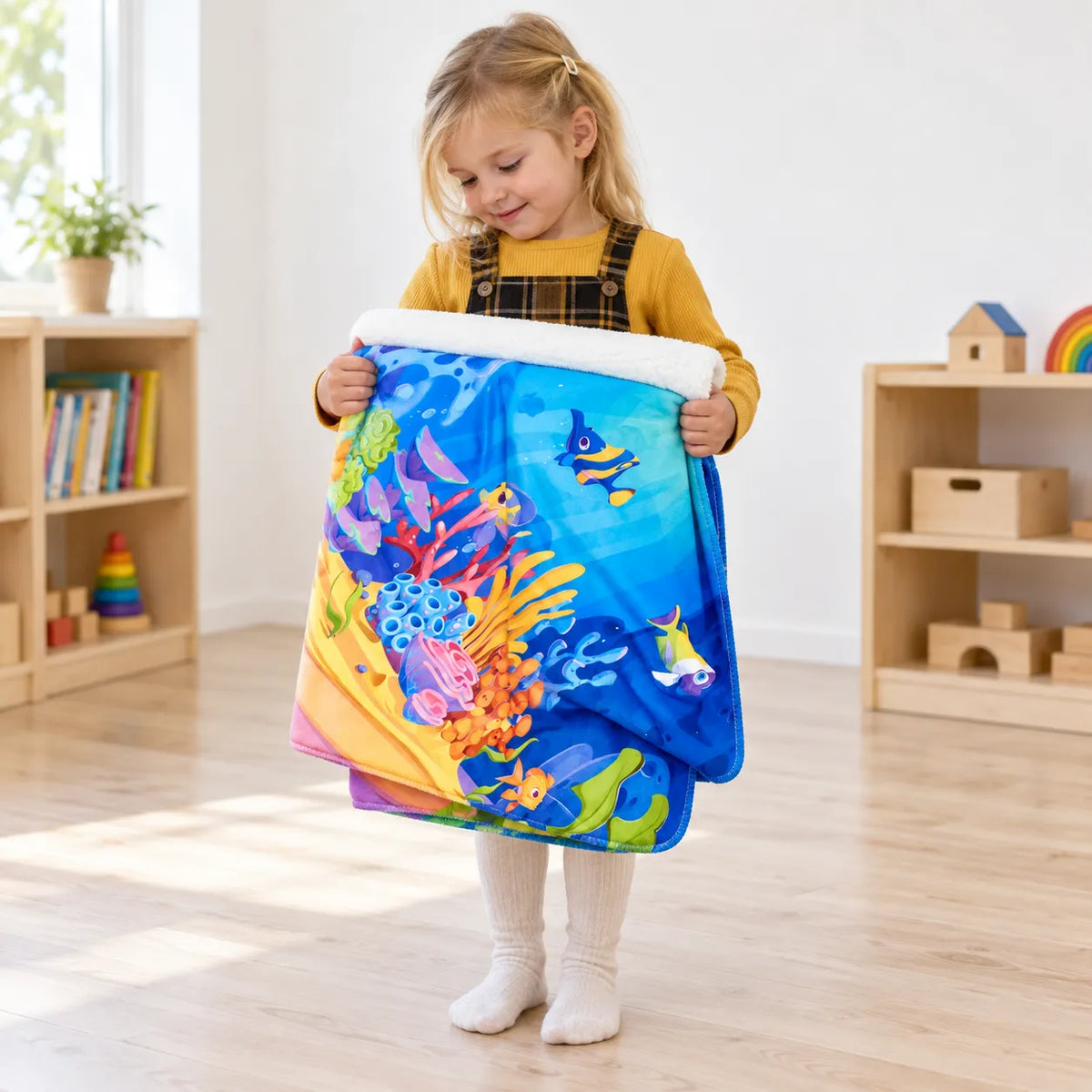 Child carrying the folded Sea Life Themed Fleecy Throw