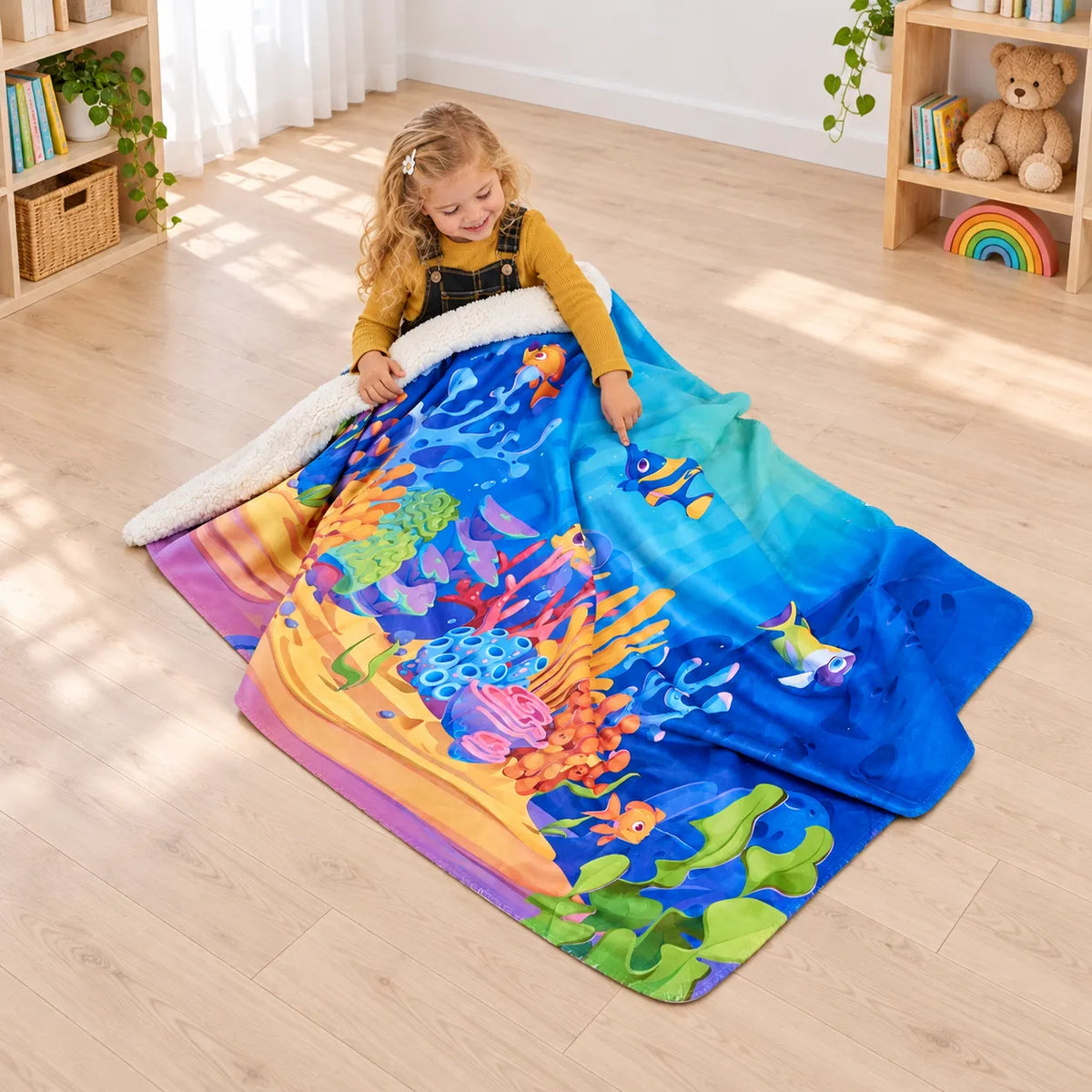 Child pointing to a fish on the Sea Life Themed Fleecy Throw