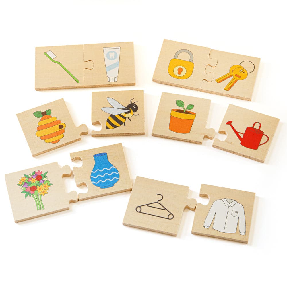 Things That Go Together, Can you match the wooden puzzle pieces correctly together? Our Things That Go Together jigsaw puzzle teaches children about different everyday objects and things that go together. What does the bumblebee match up with? What about the padlock? This Things That Go Together educational puzzle is a fun way to develop kids’ vocabulary as they match the pairs together and learn about each object in more detail. The smooth chunky jigsaw pieces are perfectly sized for little hands to grasp,