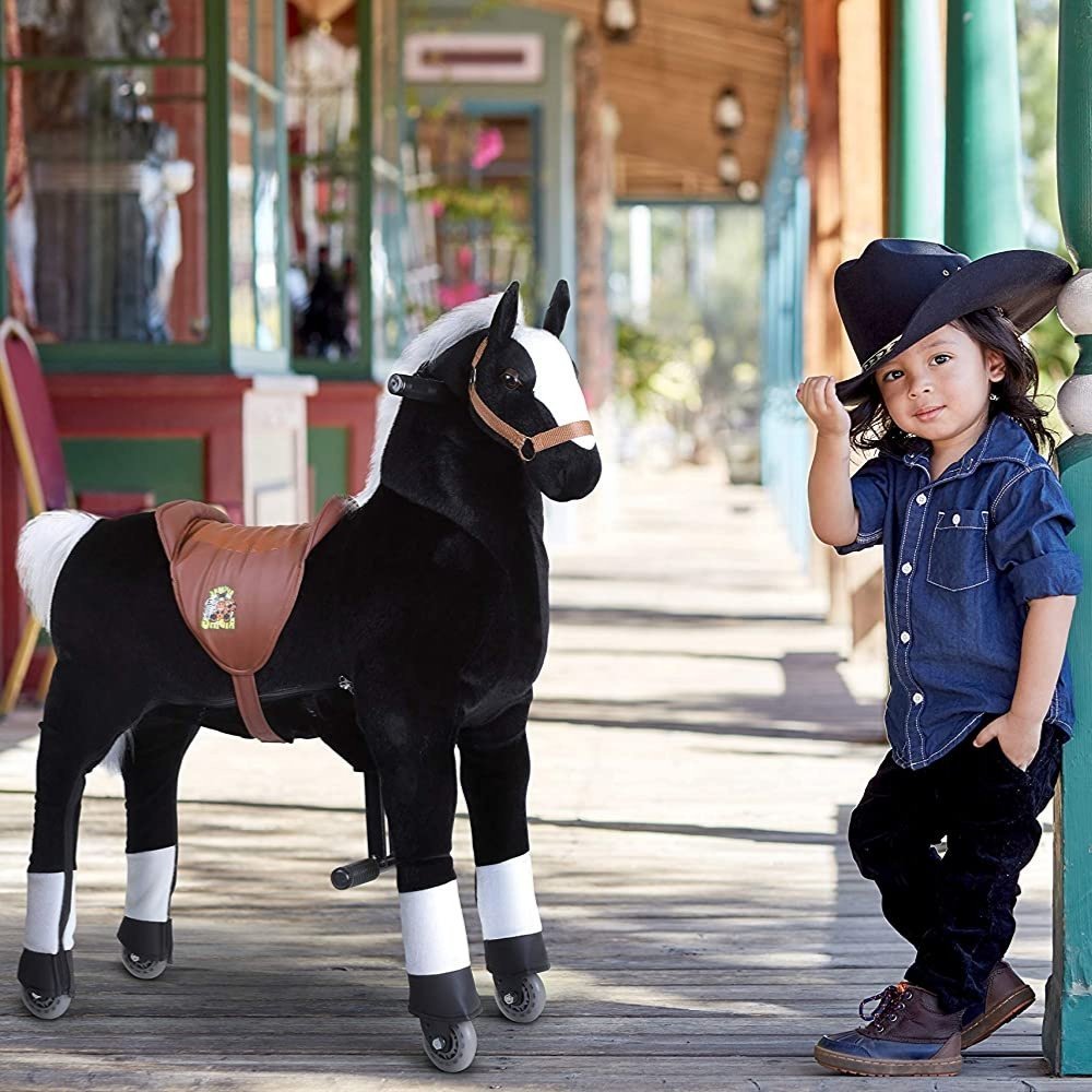 Thunder the Motion Horse, Introducing Thunder the Motion Horse! Give your child the magical experience of riding on a majestic black horse with this incredible toy. With its seat height of 67 cm, Thunder provides an authentic riding experience, just like riding on a pony.But Thunder is not just a static horse. It's steerable and designed to mimic the correct riding movements, allowing your child to gallop through the house, the garden, or even the park, creating endless hours of fun and excitement.Encourage