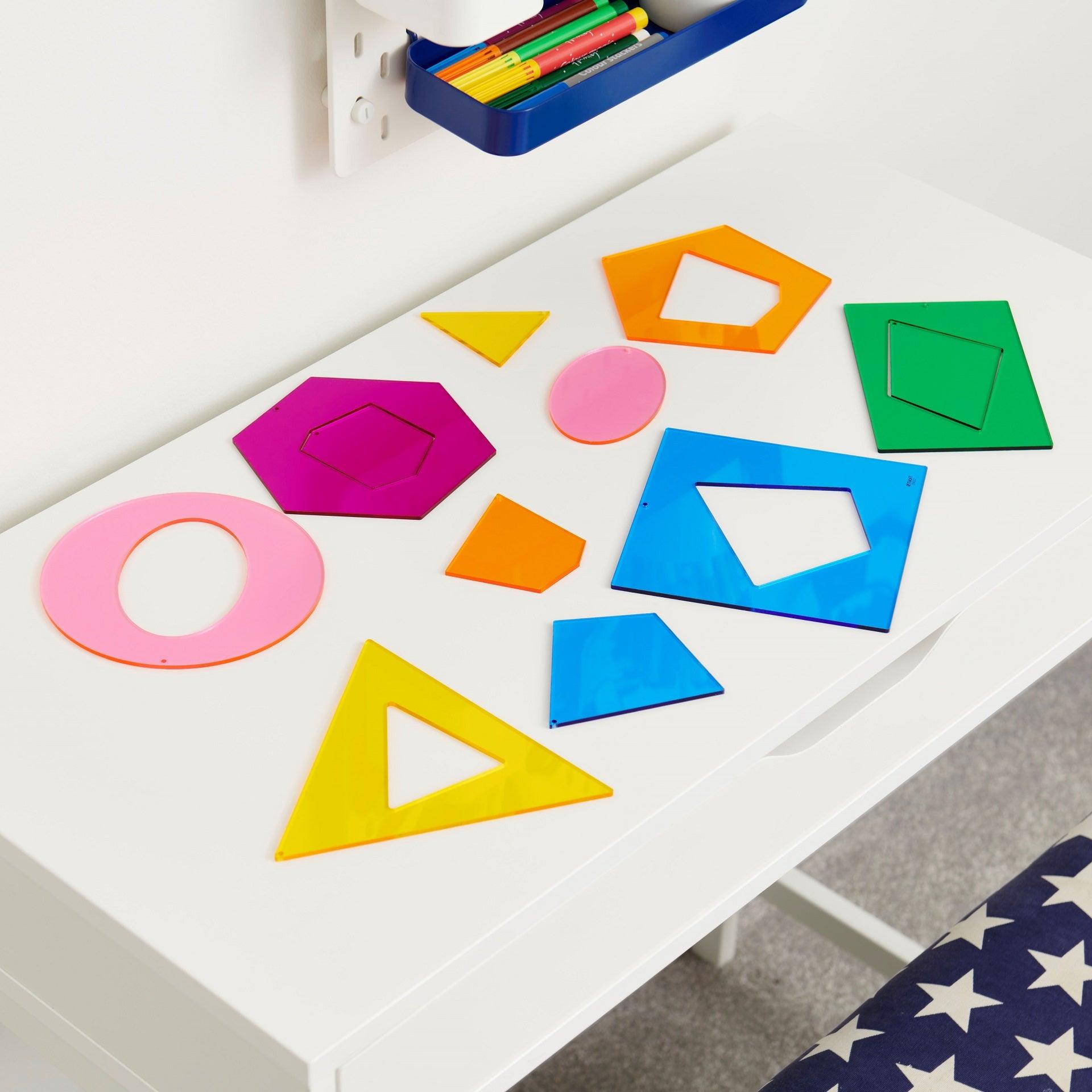 TickiT Jumbo Regular and Irregular Shapes, Our TickiT® Jumbo Regular & Irregular Shapes are perfect for your child to learn about geometric shapes and their characteristics. Interesting and tactile, they are a fun visual way to demonstrate that regular shapes have equal sides and angles; whereas irregular shapes can have angles and sides of any value. The inner and outer puzzle pieces match, by their colour and their attributes, e.g. the purple hexagons each have 6 sides; the irregular shape fits inside the