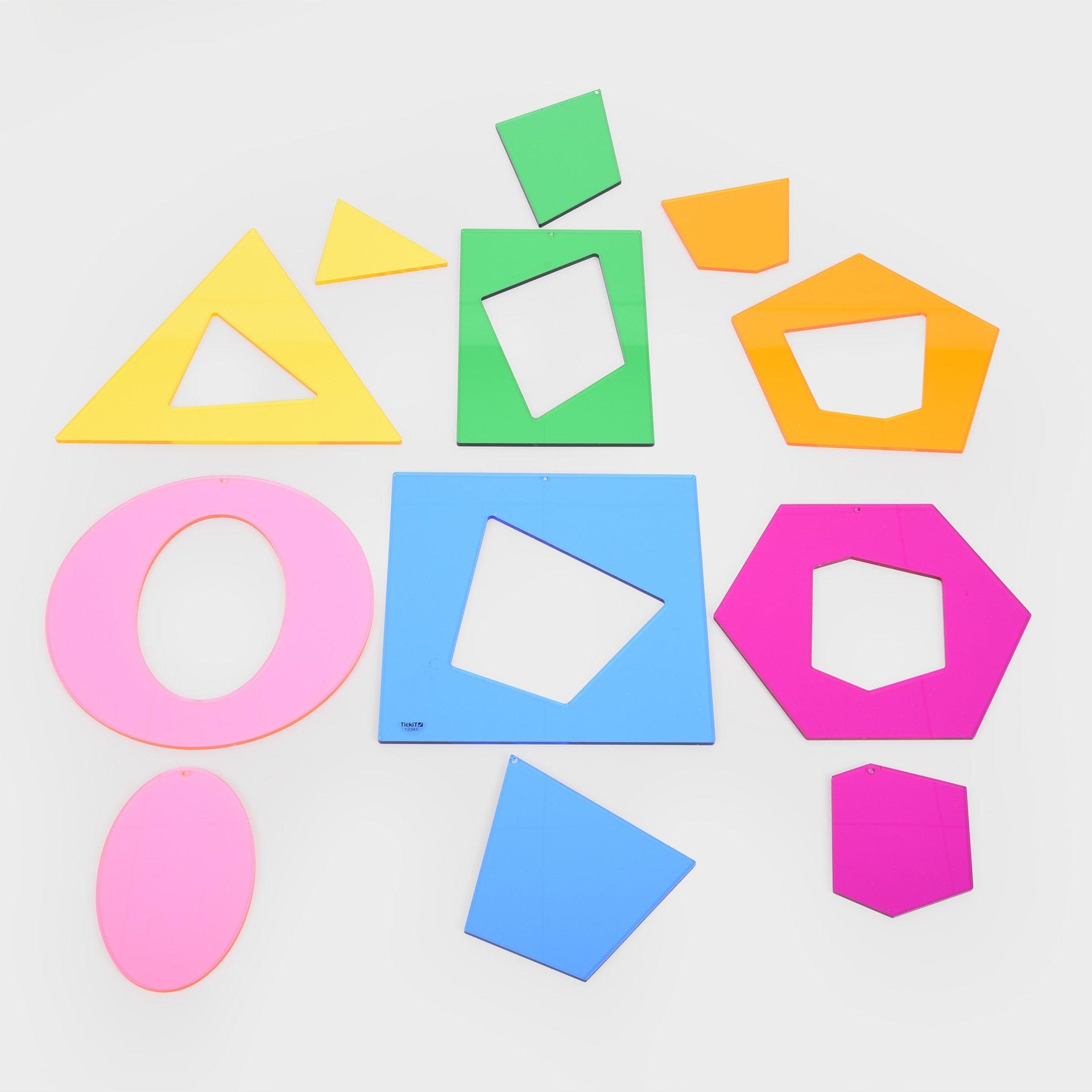 TickiT Jumbo Regular and Irregular Shapes, Our TickiT® Jumbo Regular & Irregular Shapes are perfect for your child to learn about geometric shapes and their characteristics. Interesting and tactile, they are a fun visual way to demonstrate that regular shapes have equal sides and angles; whereas irregular shapes can have angles and sides of any value. The inner and outer puzzle pieces match, by their colour and their attributes, e.g. the purple hexagons each have 6 sides; the irregular shape fits inside the