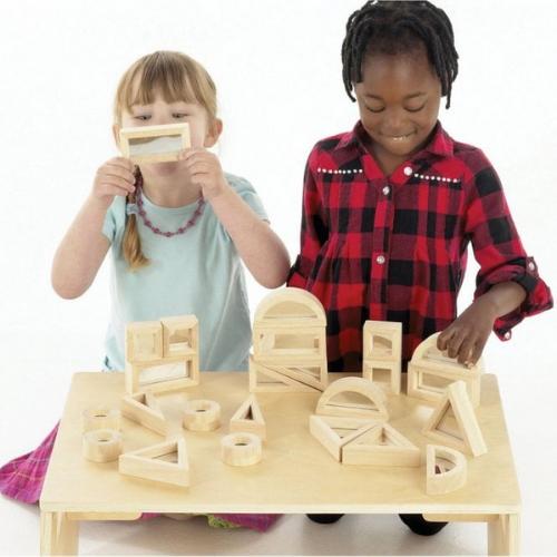 TickiT Mirror Blocks 24 Pieces, TickiT® Mirror Blocks are different rubberwood shapes containing a double-sided acrylic mirror centre. Smooth and tactile, your child will love exploring their reflection, be captivated by the light reflection from the mirrored surface and enjoy simple block building. Ideal for learning about shapes and reflective pattern making and are lovely used with a light panel. The blocks are the same size as our Rainbow Blocks Set which can be used in combination with this set.Set inc