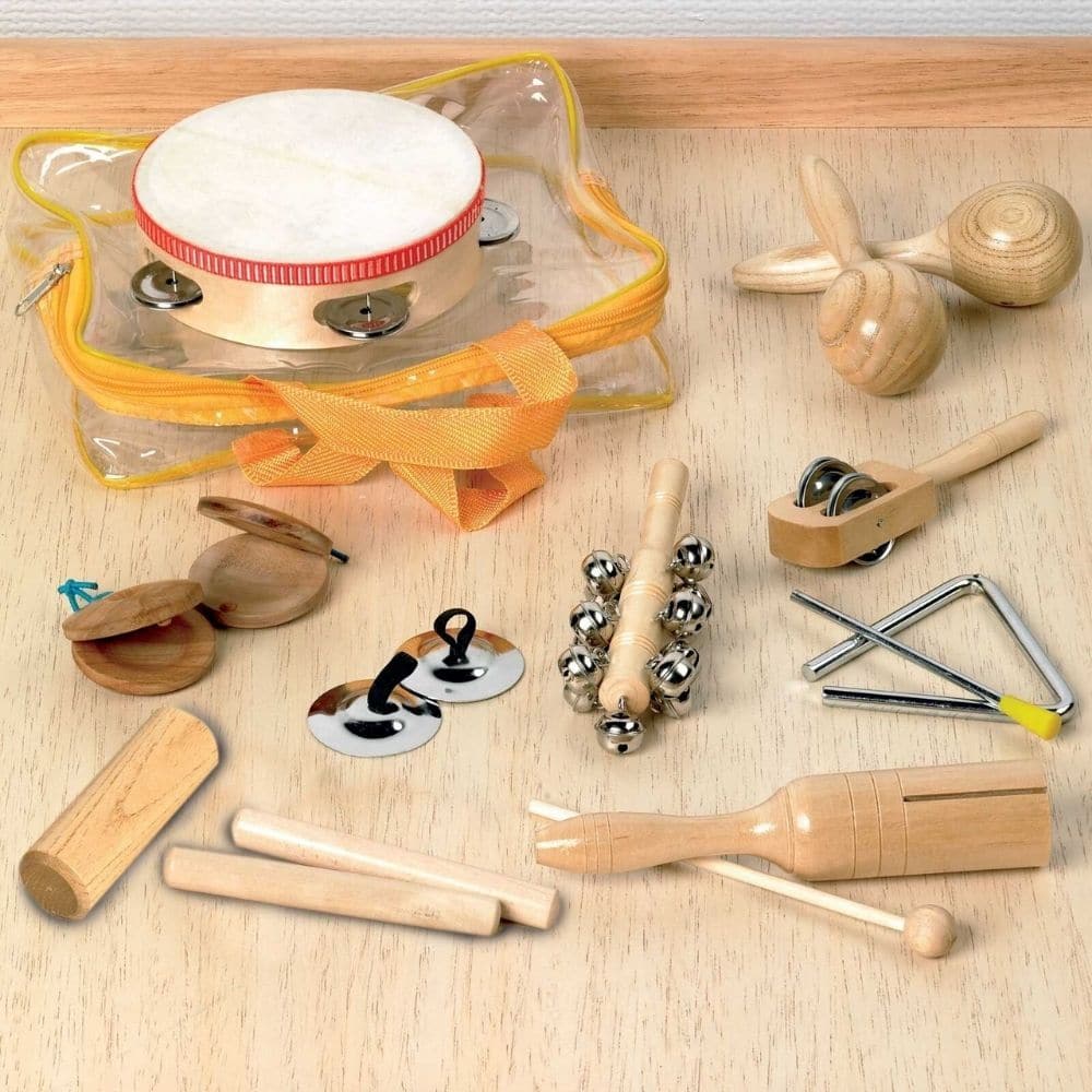 TickiT Percussion Set, Introducing the TickiT® Percussion Set, the perfect starter kit for anyone looking to explore the world of rhythmic sounds. This set of 10 different percussion instruments is sure to ignite your musical creativity and keep you entertained for hours on end.The TickiT® Percussion Set includes a variety of instruments, such as a headed tambourine, a pair of wooden maracas, and much more. Each instrument is carefully crafted to produce unique and captivating sounds, allowing you to experi