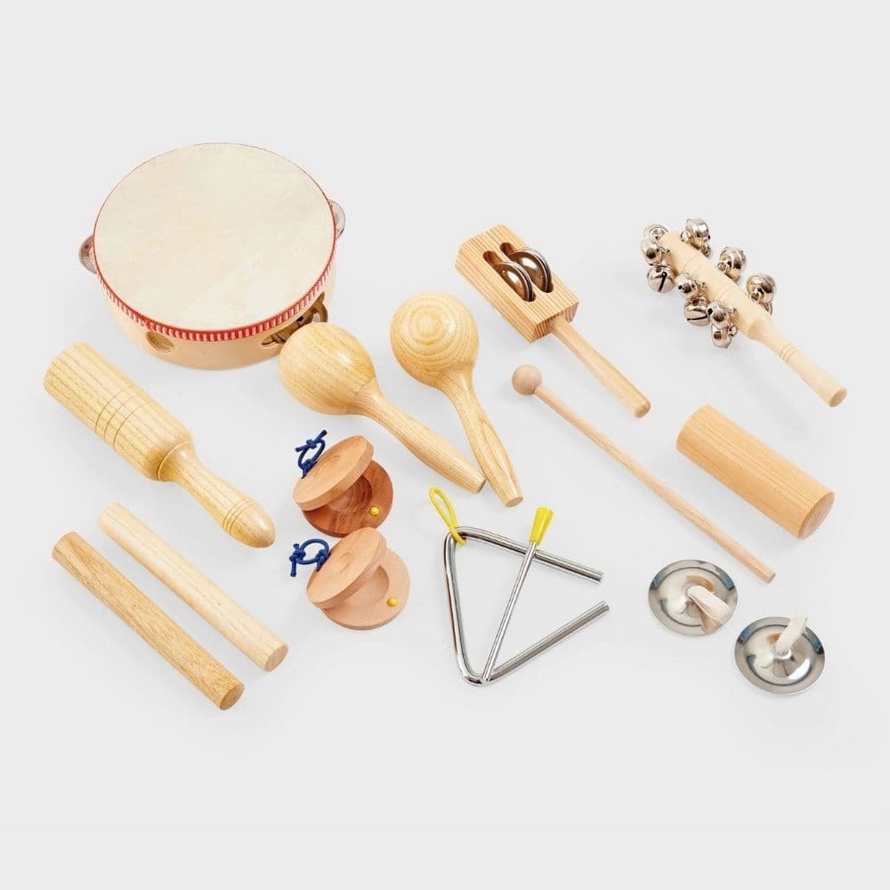 TickiT Percussion Set, Introducing the TickiT® Percussion Set, the perfect starter kit for anyone looking to explore the world of rhythmic sounds. This set of 10 different percussion instruments is sure to ignite your musical creativity and keep you entertained for hours on end.The TickiT® Percussion Set includes a variety of instruments, such as a headed tambourine, a pair of wooden maracas, and much more. Each instrument is carefully crafted to produce unique and captivating sounds, allowing you to experi