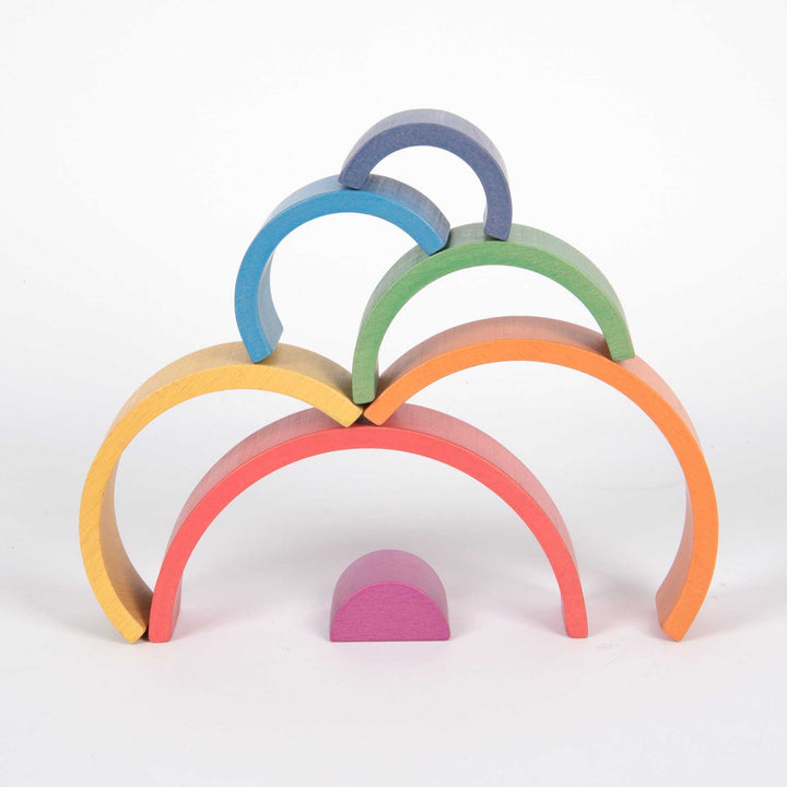 TickIt Rainbow Architect Arches, Our Rainbow Architect Arches are made from beautiful smooth solid beechwood with a natural woodgrain finish in the seven different colours of the rainbow. The TickIt Rainbow Architect Arches nest together as a set with the inner block being a solid 3D semicircle. This shape set will allow your child to unlock their creativity and innovation.Learning through play, the nesting set can be used to compliment the design and construct of towers, sculptures or create homes for smal