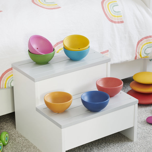 TickIt Rainbow Wooden Bowls Pack of 7, Our TickiT® Rainbow Wooden Bowls are made from beautiful smooth solid beechwood with a natural woodgrain finish in the seven different colours of the rainbow. Ideal for stacking, sorting, colour matching and small world play scenes or storing small treasure items. The TickiT® Rainbow Wooden Bowls are perfect for your child to use their imagination during creative play, build on construction skills, improve counting, sorting, stacking and sequencing skills and learn abo