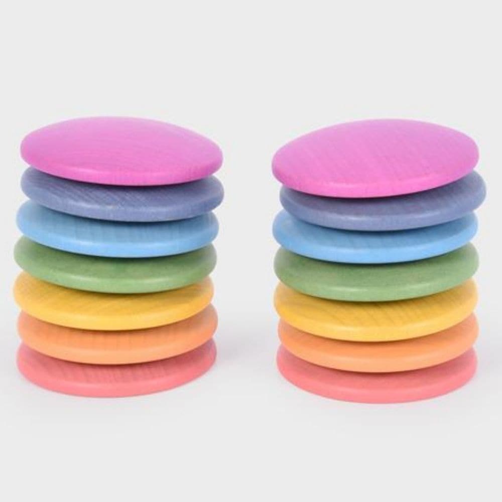 TickIT Rainbow Wooden Discs, Our TickiT® Rainbow Wooden Discs are made from beautiful smooth solid beechwood with a natural woodgrain finish in the seven different colours of the rainbow. The TickIT Rainbow Wooden Discs have a rounded top and a flat base, making them ideal for holding, rolling, spinning, making wobbly stacks, colour matching and small world play scenes. The TickIT Rainbow Wooden Discs are perfect for your child to use their imagination during creative play, build on construction skills, imp