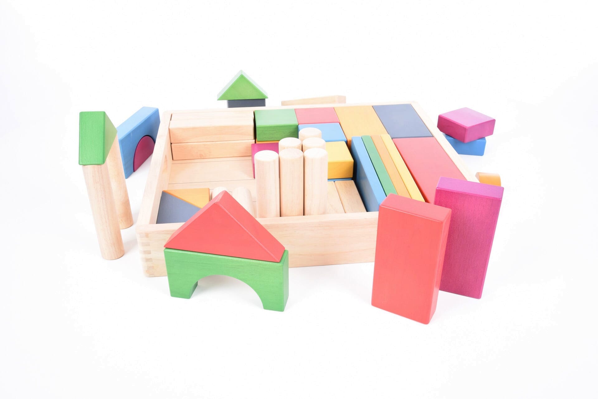 TickiT Rainbow Wooden Jumbo Block Set, Our TickiT® Rainbow Wooden Jumbo Block Set is a beautiful selection of 54 solid wooden blocks in a mixture of natural and attractive rainbow colours. The TickiT Rainbow Wooden Jumbo Block Set are safe and smooth traditional shapes for construction play. The TickiT Rainbow Wooden Jumbo Block Set are the perfect size for small hands to build impressive towers and structures, whilst developing your child's fine motor skills and enabling imaginative play. The TickiT Rainbo