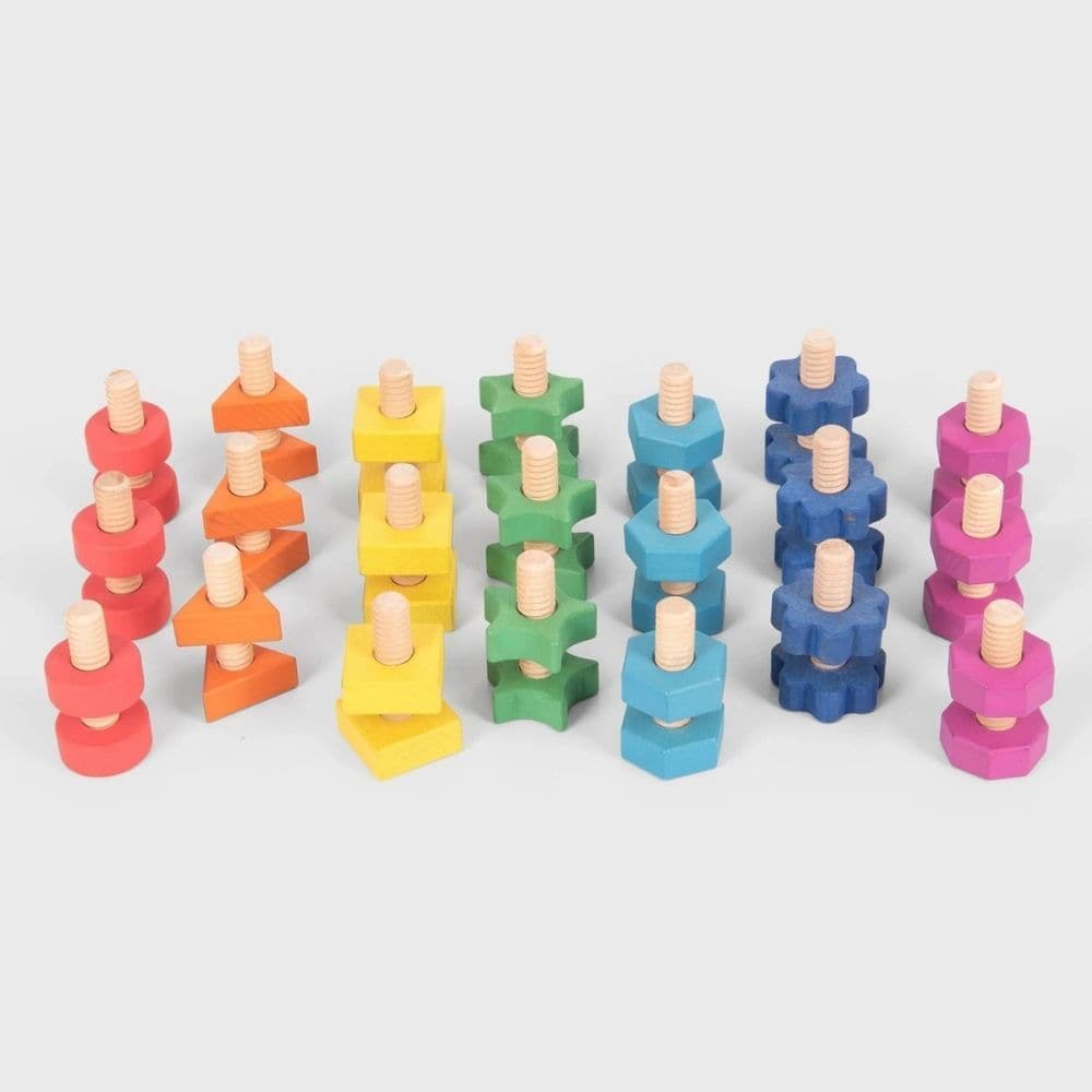 TickIt Rainbow Wooden Nuts & Bolts- Pk21, The TickIt Rainbow Wooden Nuts & Bolts contains be autiful solid beech wood nuts and bolts in seven different shapes and in the seven colours of the rainbow. Each Wooden nut has a corresponding matching bolt for pairing by colour and shape, and each shape has a different number of edges, increasing from 1 to 8. The chunky TickIt Rainbow Wooden Nuts & Bolts pieces are the ideal size for young children to manipulate and come in a natural finish to show the grain of th