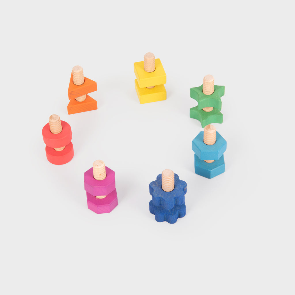 TickIt Rainbow Wooden Nuts & Bolts- Pk21, The TickIt Rainbow Wooden Nuts & Bolts contains be autiful solid beech wood nuts and bolts in seven different shapes and in the seven colours of the rainbow. Each Wooden nut has a corresponding matching bolt for pairing by colour and shape, and each shape has a different number of edges, increasing from 1 to 8. The chunky TickIt Rainbow Wooden Nuts & Bolts pieces are the ideal size for young children to manipulate and come in a natural finish to show the grain of th