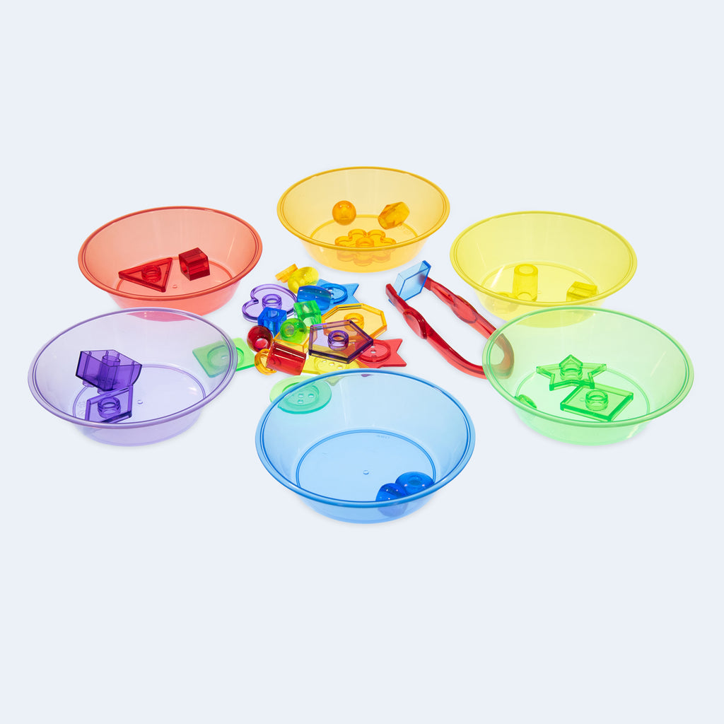 TickiT Translucent Colour Sorting Bowls, These lovely TickiT Translucent Colour Sorting Bowls will provide your child with endless fun as they are the perfect size for little hands to stack and carry around. TickiT® Translucent Colour Sorting Bowls make a handy portable sorting set. Sorting is an important early maths activity: children learn to sort and "classify" objects based on their differences or similarities. They can also start to use and understand the concept of counting as they place items into e