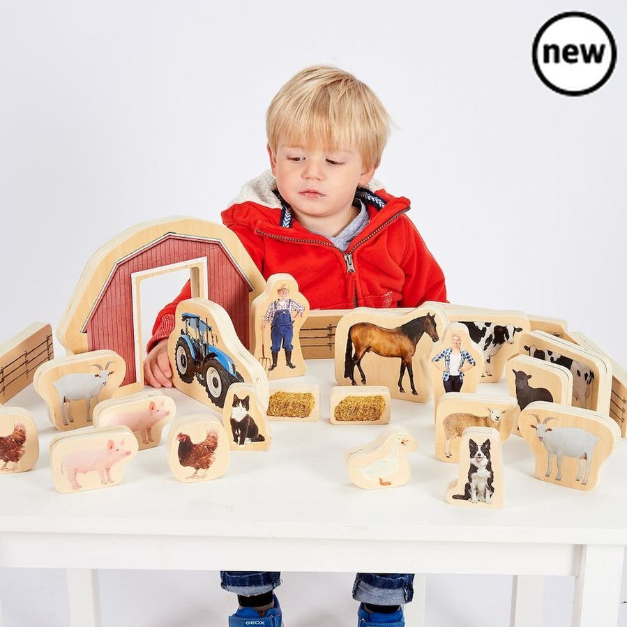 TickIT Wooden Farm Blocks 25pk, Our TickiT® Wooden Farm Blocks are a great way for your child to discover farm animals up close as the chunky wooden picture blocks are colour printed on both sides with real photographic images of farm animals, farmers, farm scenery and a tractor.The realistic imagery will enable your child to learn about animals on the farm and inspire them to identify them when out on trips to a children's farm or see them in books. Older children can be encouraged to visualise characters 