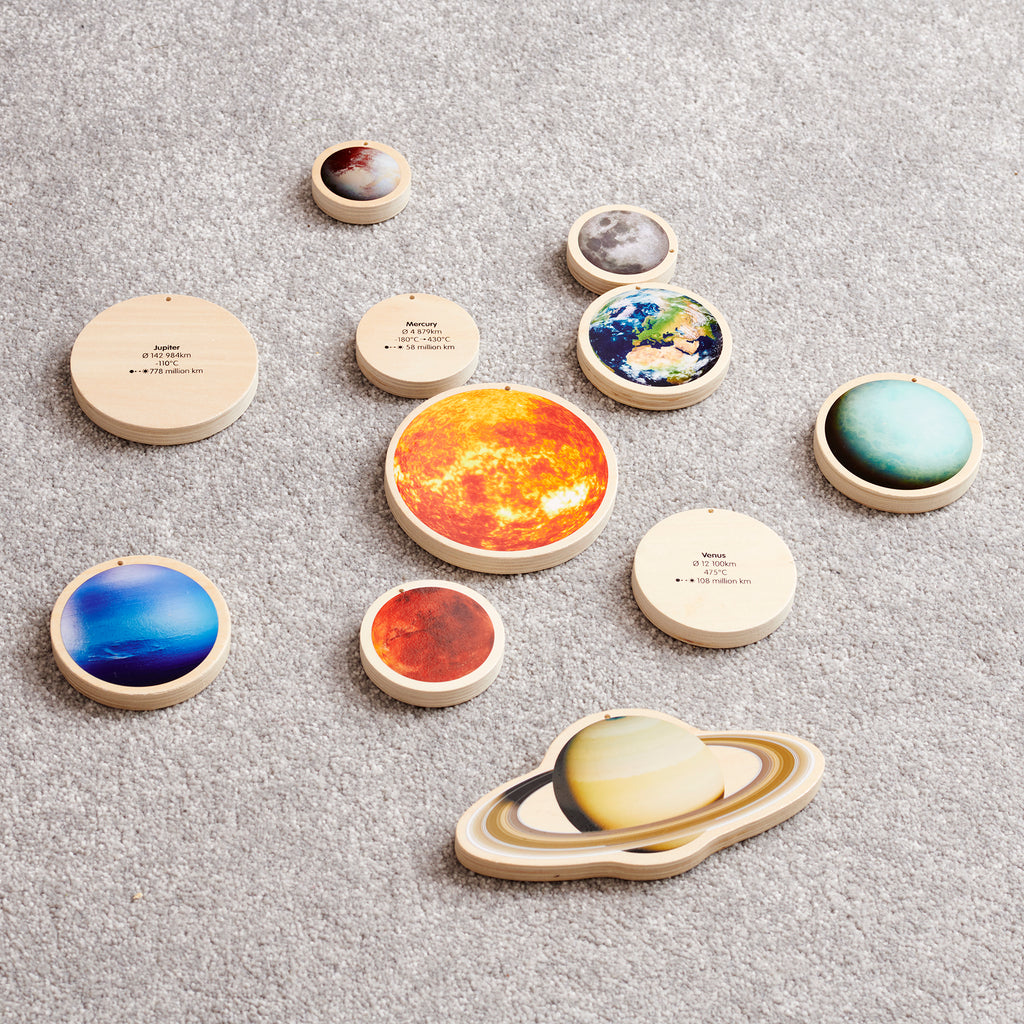 TickiT Wooden Solar System Discs, Explore our TickiT® Wooden Solar System Discs and voyage into an exciting galaxy far away! The smooth rounded plywood Wooden Solar System Discs are ideal for small hands, making them tactile and easy to grip, rotate and examine. The Wooden Solar System Discs are a great set for children to learn more about stars, planets and our solar system. The Wooden Solar System Discs set encourages descriptive language, imaginative play, fine motor skills and creates a greater understa