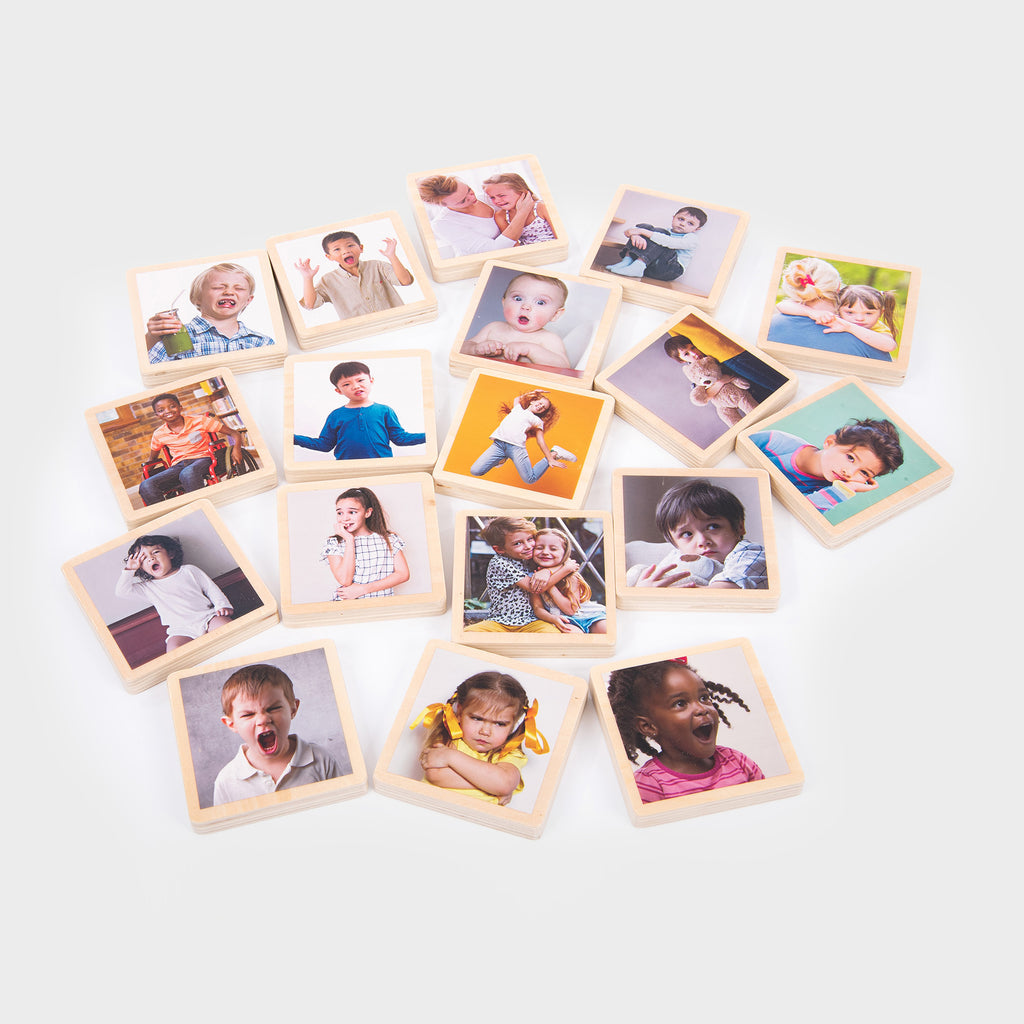 TickiT® My Emotions Wooden Tiles, Our TickiT® My Emotions Wooden Tiles are a great starting point for discussing with your child different emotions and feelings, and how we express them. The smooth square wooden tiles are ideal for small hands, making them tactile and easy to grip, rotate and examine. Each tile has a high resolution colour photograph on one side so your child can clearly identify facial expressions that show a range of emotions such as happy, excited, scared and angry. The tiles can be used