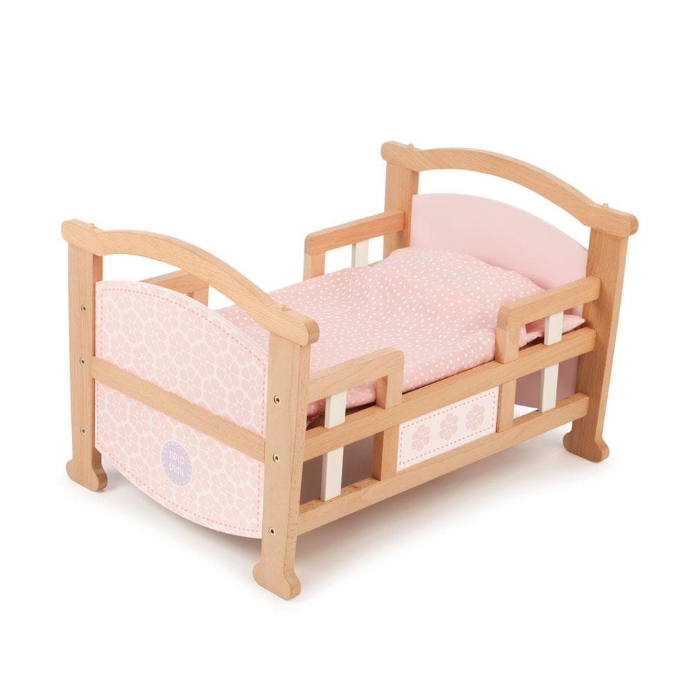 Tidlo 2-in-1 Dolls Cot, Send your doll to sleep in style with the Tidlo 2-in-1 Doll Cradle. This wooden dolls cot features contoured edges and rounded corners for extra safety. Children will love tucking their doll into their cot and rocking them to sleep. The baby doll cot has a two in one design that changes from a rocking cradle to a single bed - if you have two then they can be stacked to make bunk beds!The Tidlo baby doll cot comes complete with a delightful 3-piece bedding set. Suitable for most stand