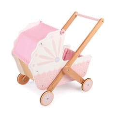 Tidlo 3-in-1 Dolls Pram, Take your doll out for a walk in style! The Tidlo 3-in-1 Dolls Pram has been beautifully constructed from wood and features a pretty pink vintage design, sturdy wheels and an easy to grip handle - but that's just the beginning!The body of the wooden dolls pram can be easily released from the frame so dolls can face forwards or backwards, and when it is time for bed, little ones can take the pram body off completely to use it as a rocking cradle on the floor!The pink fabric roof can 