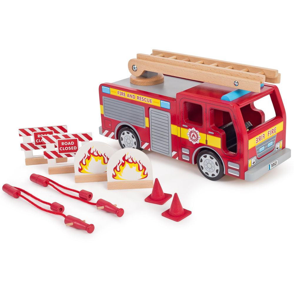 Tidlo Fire Engine, Spark imaginative play with this delightful wooden Fire Engine toy from Tidlo. Perfect for any budding young firefighter, this extensive set features two full fire hoses with nozzles, two traffic cones, two barricades and two fires. The wooden fire engine itself features an extendable ladder and two side hatches. The two hatches on the side open, the roof is removable for easy access and the hoses can attach to the back! Highly detailed, this Fire Engine toy is sure to ignite hours of ima