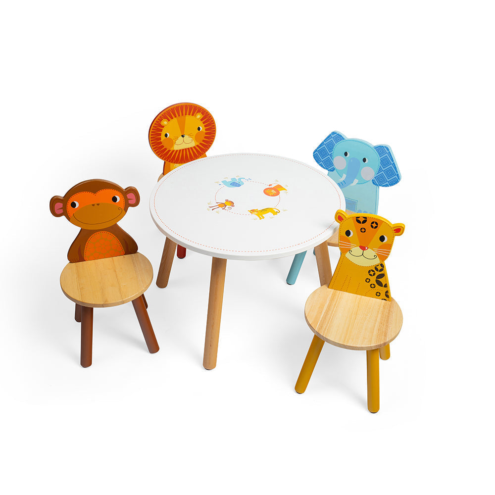 Tidlo Jungle Furniture Pack, Transform the playroom, nursery or bedroom with our exclusive Tidlo Jungle Furniture Pack. Features a jungle-themed kids wooden table plus elephant, leopard, lion, and monkey chairs. Perfect as a play table or dining table. Indoor use only. Made from high-quality, responsibly sourced materials, each piece in this kids furniture set is designed for little people to enjoy. Tidlo Jungle Animal Table Jungle Kids Wooden Table Sturdy wooden table with illustrations of a lion, elephant
