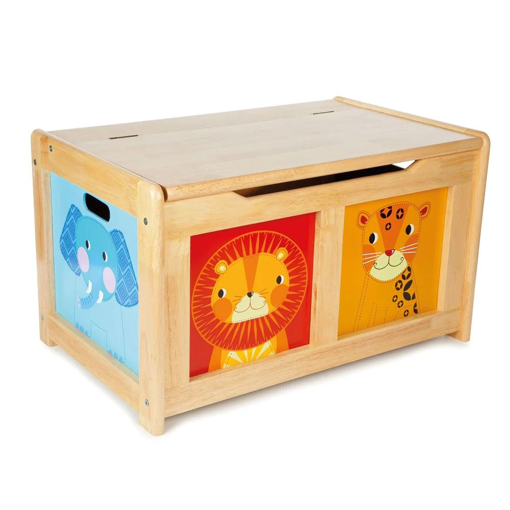 Tidlo Jungle Toy Chest, Keep toys, clothes or blankets tidied away but within easy reach with the delightful wooden Toy Chest from Tidlo. Its simple white design features four different wild animals, and a large capacity that will work with any room in your home, and will encourage children to tidy their toys away, keeping the room clutter-free. Ideal for little hands, this toy box features a 'soft close' mechanism to protect little fingers, and handy slots in the side for easy lifting. A great addition to 
