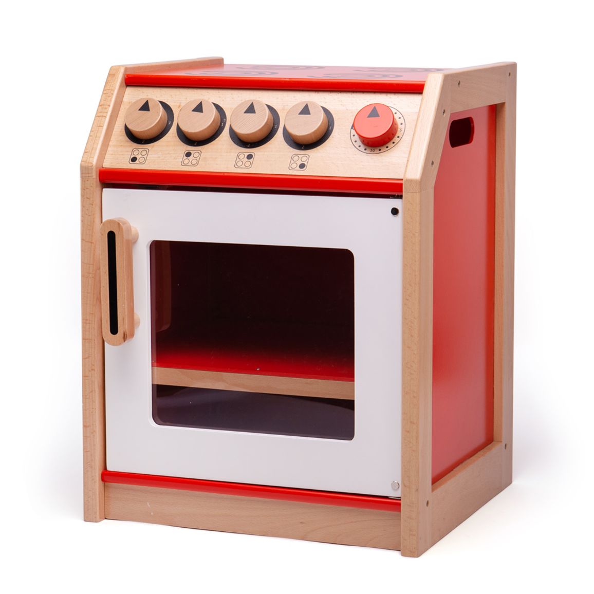 Tidlo Mini Chef Cooker, Budding young chefs can cook up a storm in this sturdy Kids Wooden Cooker from Tidlo. With clicking dials, hob detailing, an oven with a shelf, this play cooker is a realistic addition to any play kitchen. Using the view hole, children can make sure their toy food doesn't burn! The door features a magnetic stopper. Compatible with Tidlo Cookware Sets (sold separately). A great way to teach children about kitchen safety and how we cook different foods. Features carry handles and encou