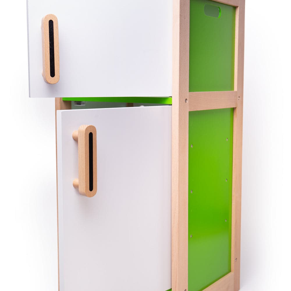 Tidlo Mini Chef Fridge Freezer, Budding young chefs can store all of their pretend play food in this colourful wooden Toy Fridge Freezer. Split into two sections, just like a realistic fridge freezer style refrigerator, the unit has internal shelves for easy storage of pretend food. In this toy fridge, there is even an extra shelf bracket so the position of the shelves can be altered! Sturdy and robust, the front opening doors feature a magnetic stopper ensuring the door always shuts firmly to keep the food