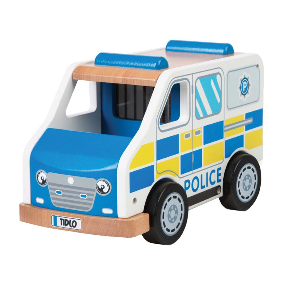 Tidlo Police Van, Race to the rescue in the Tidlo Police Van and catch the baddie before they get away! With a sturdy wooden construction, the police van is fully equipped and ready for any emergency, and is sure to have robbers everywhere shaking in their boots at the thought of being chased by this intricately designed vehicle! The Tidlo Police Van features a removable roof panel and elasticated back doors. Once the baddies have been caught it will be easy to put them into the back of the van, before head