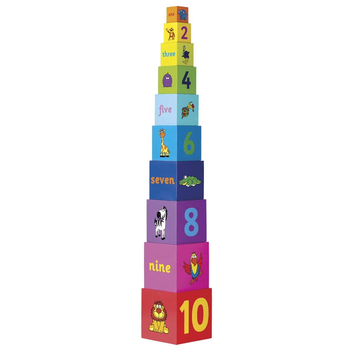 Tidlo Rainbow Stacking Cubes, Durable Tidlo Rainbow Wooden Stacking Cubes in bright vibrant rainbow colours to make a glorious tower. The 10 Rainbow Stacking Cubes of descending sizes are printed on every side with lively characters, counting images, and numbers 1 - 10 in words and figures. The Rainbow Stacking Cubes aid motor skills and teaches colours and counting. Made from environmentally friendly replenishable wood. Nest inside each other for easy storage. Delightful stacker that graduates in size to c